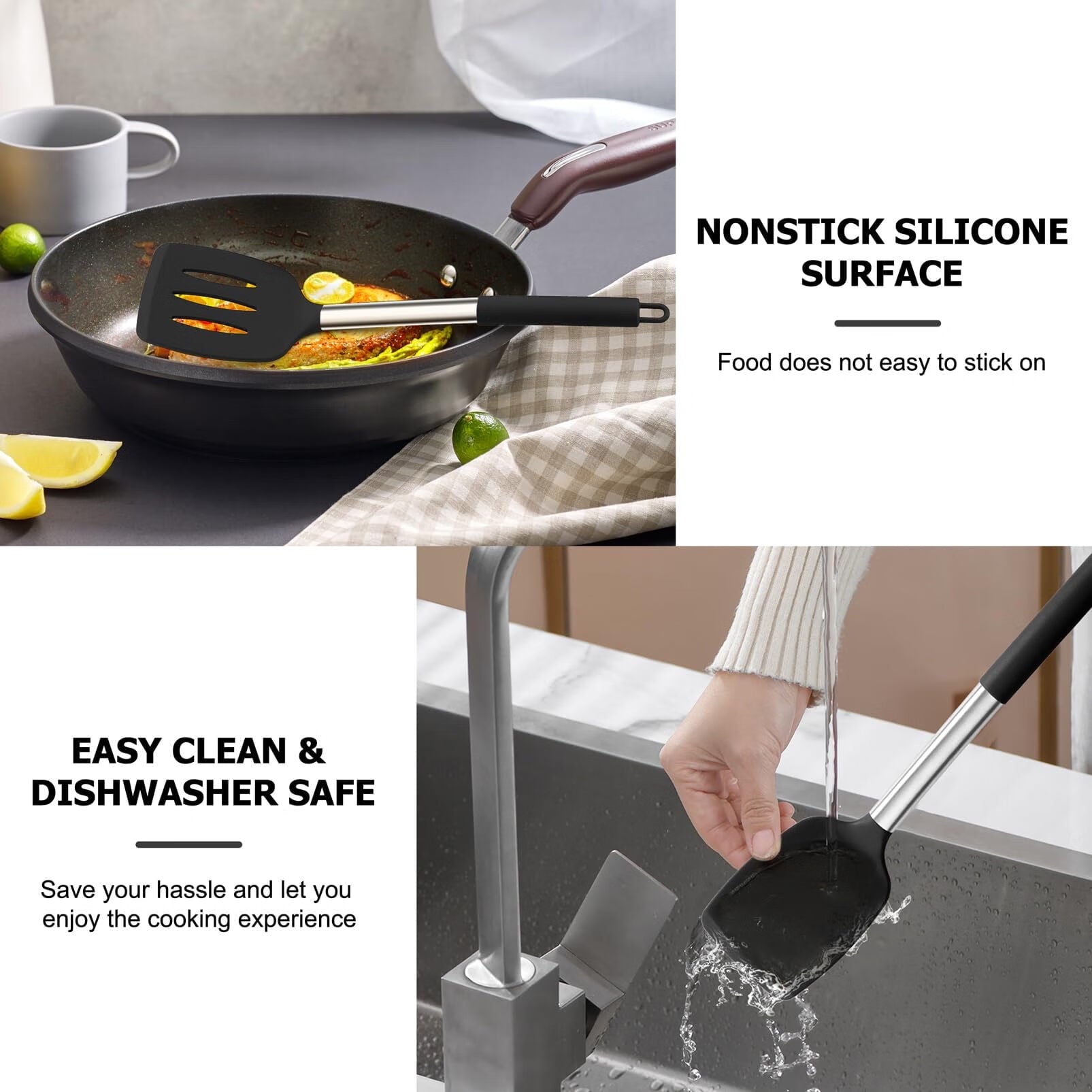 Kitchen Utensils,4 PCS Silicone Cooking Utensils Spatula Spoon Set with Stainless Steel Handle,for Frying Mixing Draining Turning,Healthy & - Image 6