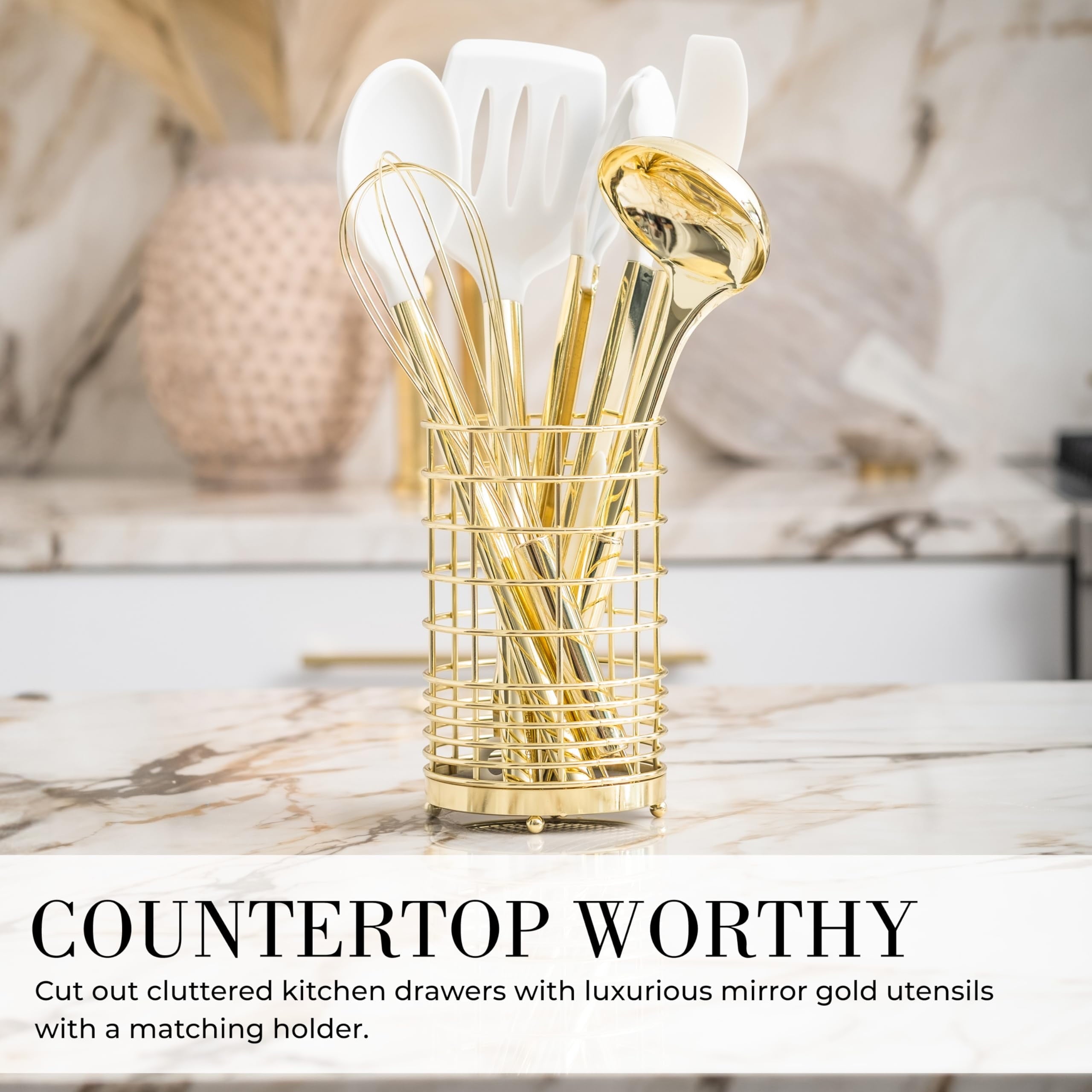 White and Gold Kitchen Utensils Set - 15-Piece Non-Scratch, White and Gold Utensils Set Includes White Silicone Cooki... - Image 6