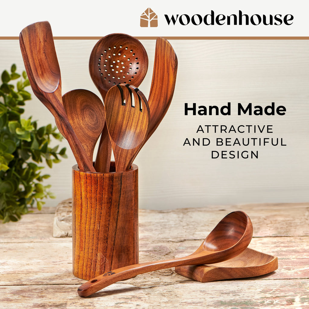 Wooden Utensils for Cooking, 8 piece Set with Holder, Perfect for Nonstick - Image 5