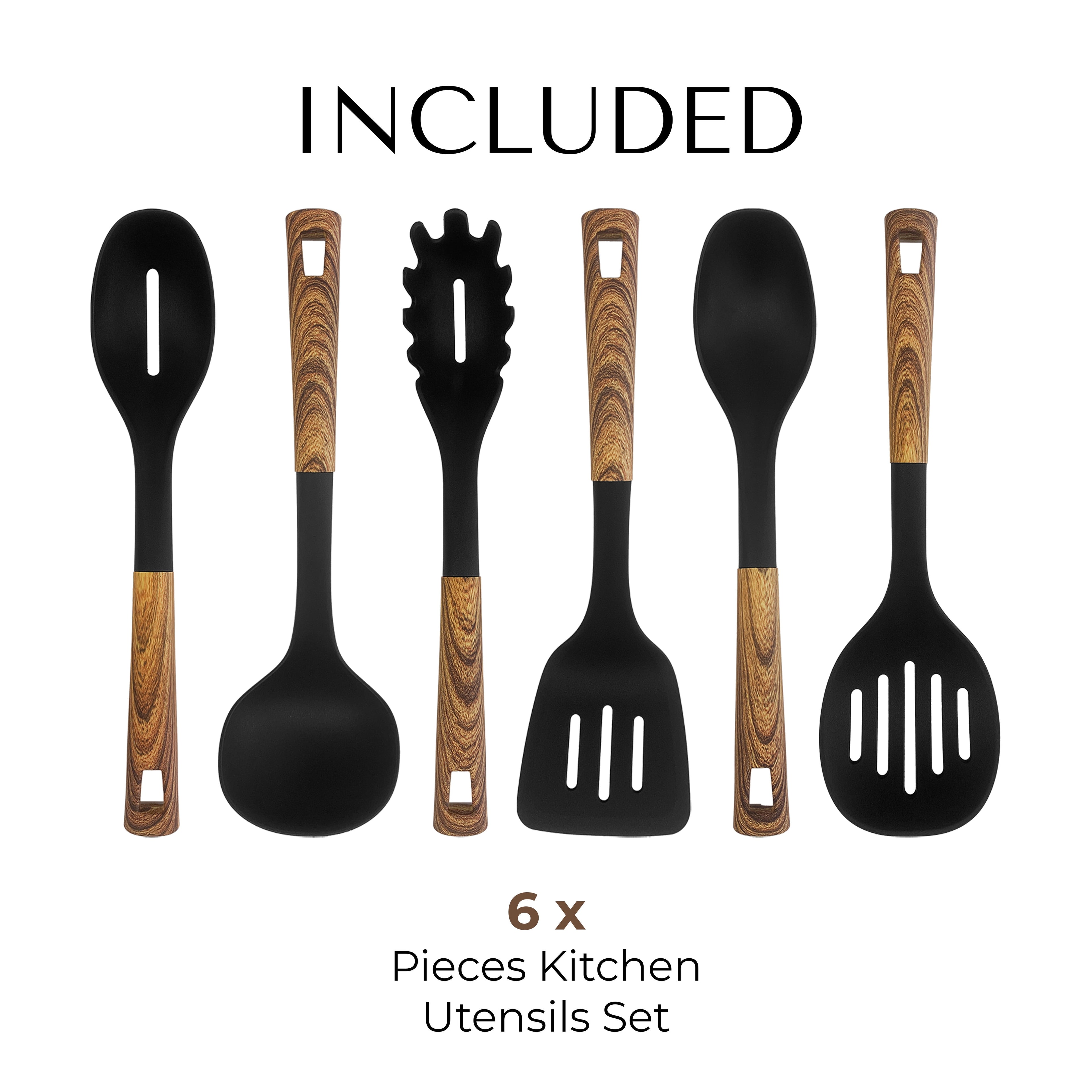 6 Pcs Kitchen Utensils Set, Heat Resistant Nylon Cooking Spoons Set for Nonstick Cookware with Wooden Coated Handles - Image 2