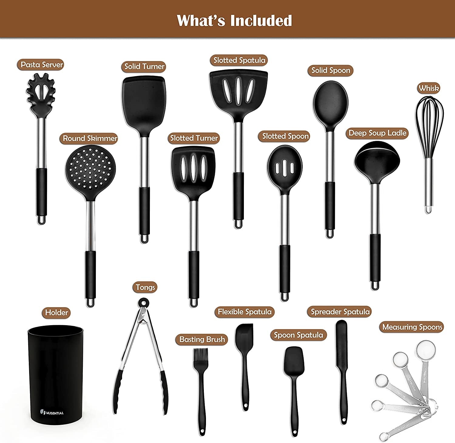 MUSENTIAL 20-Piece Kitchen Utensil Set with Holder, BPA-Free Silicone and Stainless Steel Handle, Non-Stick and Heat Resistant Cooking Spatu - Image 2