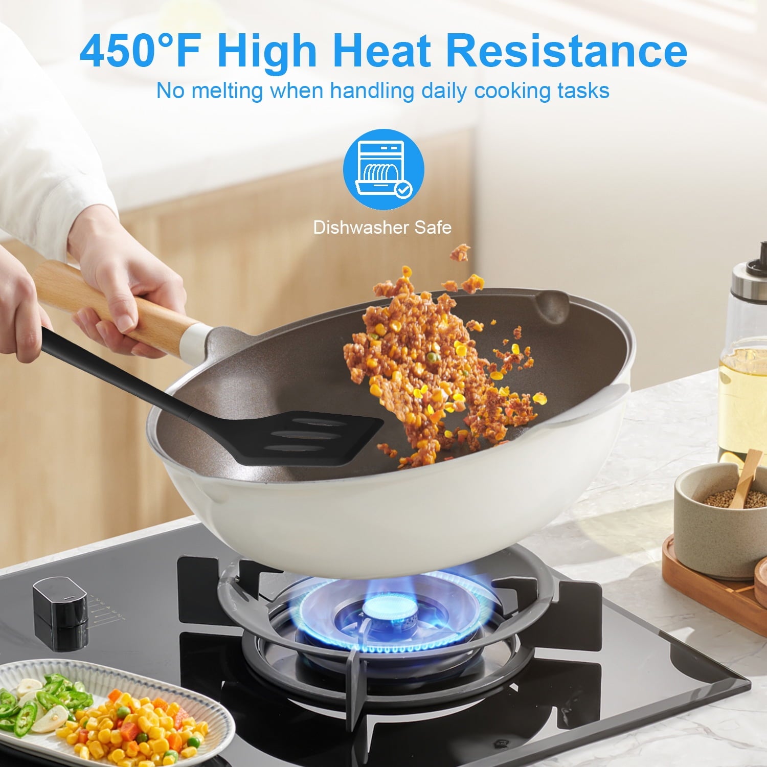Silicone Cooking Utensils Sets,AILKIN 5-Piece Kitchen Utensil Set 600F Heat Resistant Non-stick Rubber Cookware Kitchen Silicone Cooking Ute - Image 4