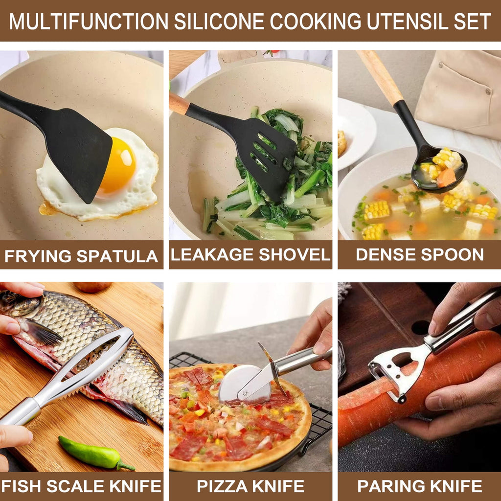 HEESEM 20 Pcs Silicone Stainless Steel Cooking Utensils Set -Multifunctional Kitchen Utensil Set - Black - Image 3