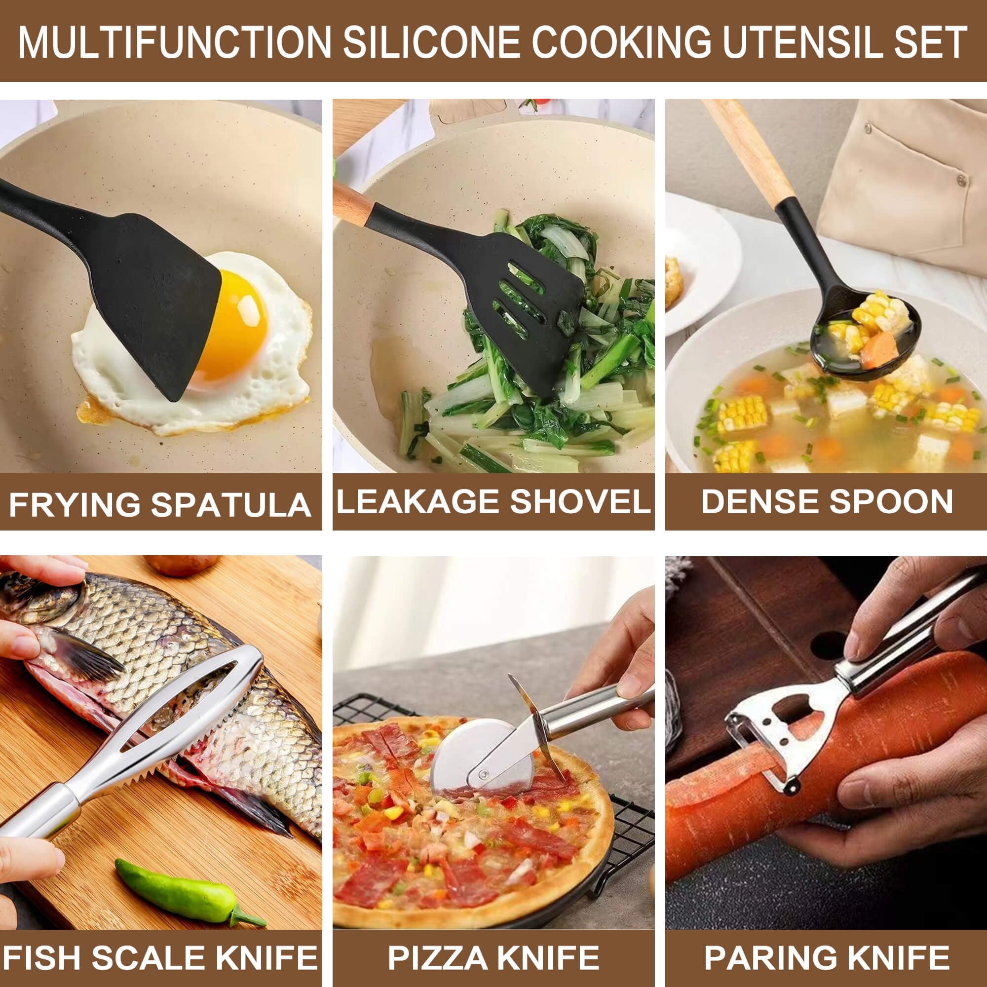 HEESEM 20 Pcs Silicone Stainless Steel Cooking Utensils Set -Multifunctional Kitchen Utensil Set - Black - Image 3
