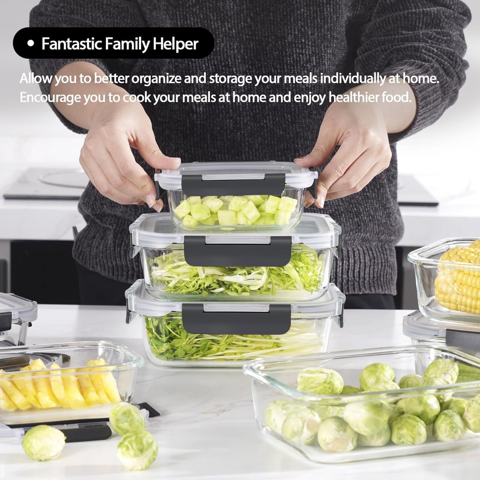 20 Pack Glass Food Storage Containers with lids（ 5 x1040 ml, 5 x370 ml）, Free，Reusable for Kitchen Organization (10Pc... - Image 5