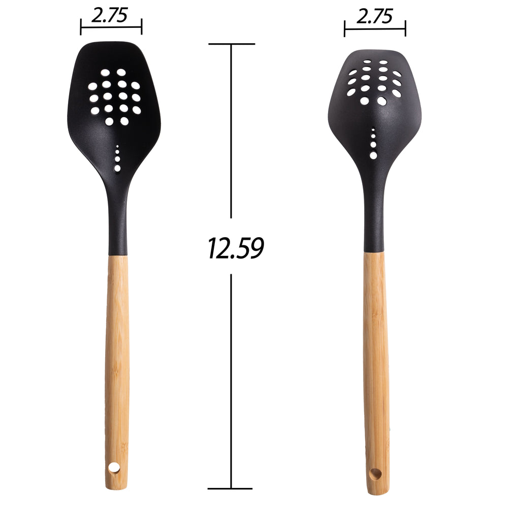 Mainstays Nylon Slotted Cooking Spoon with Bamboo Handle, 12.6"2.7", Nylon & Bamboo, Black - Image 3