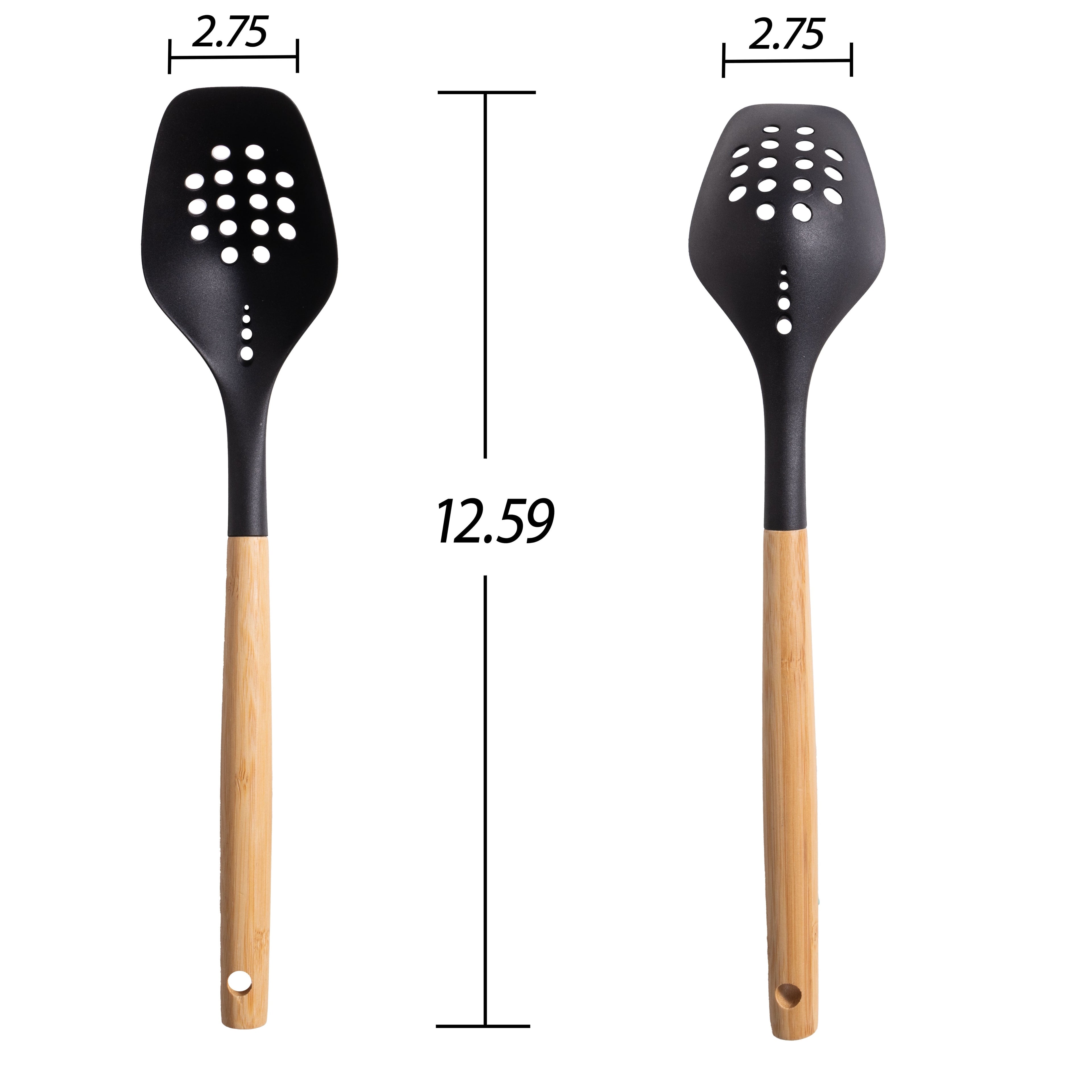 Mainstays Nylon Slotted Cooking Spoon with Bamboo Handle, 12.6"2.7", Nylon & Bamboo, Black - Image 3