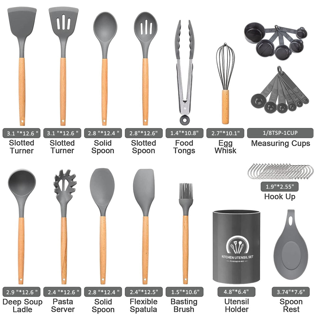 34PCS Silicone Cooking Utensils Set, 446°F Heat Resistant Wooden Handle Cooking Kitchen Utensils Spatula Set with Holder for Nonstick Cookwa - Image 4