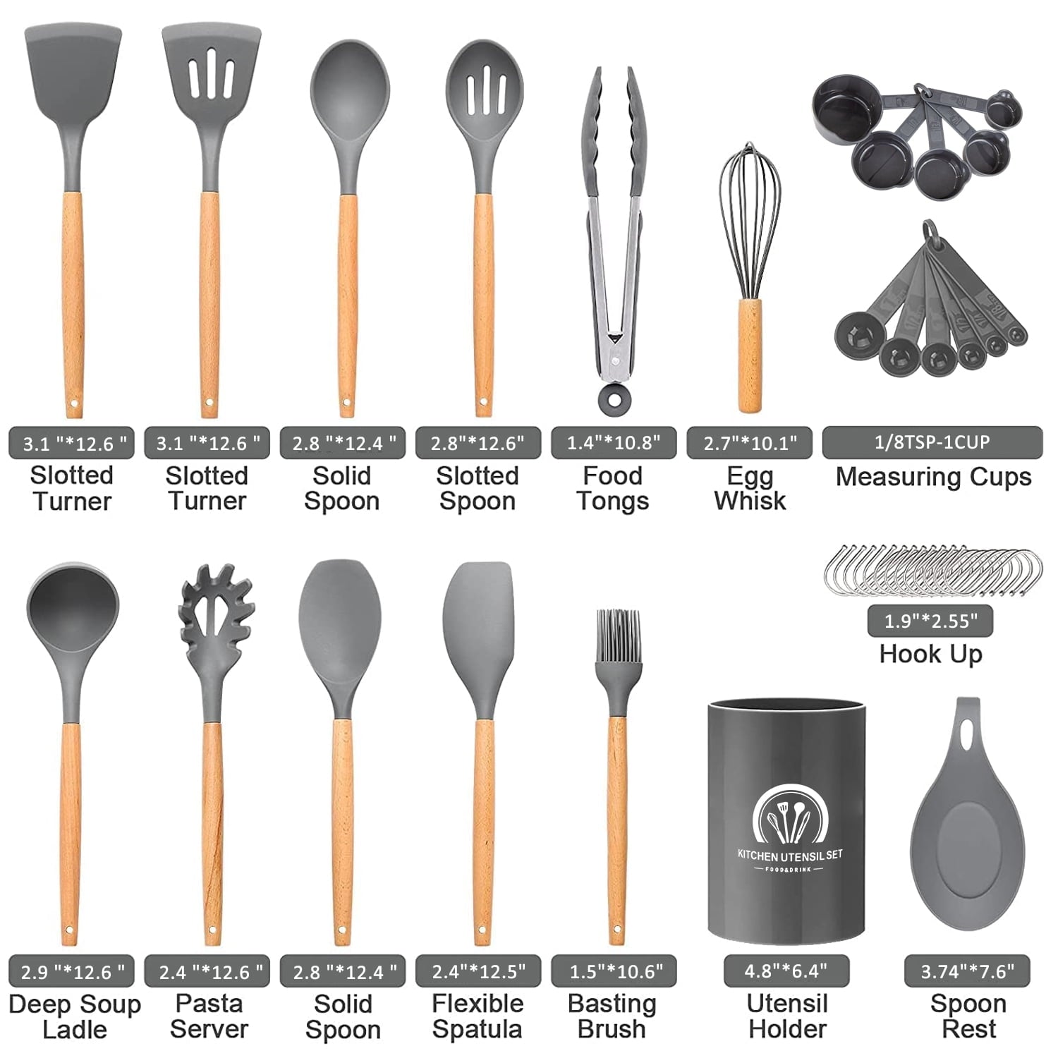 34PCS Silicone Cooking Utensils Set, 446°F Heat Resistant Wooden Handle Cooking Kitchen Utensils Spatula Set with Holder for Nonstick Cookwa - Image 4
