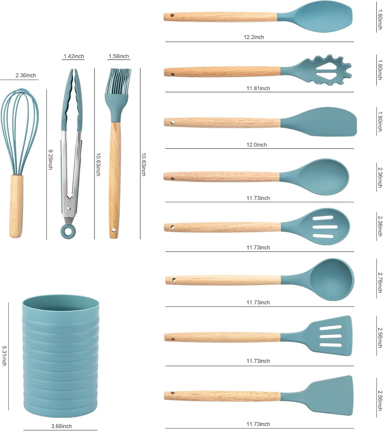 Small Silicone Cooking Utensils with Holder Set (12Pack), Aqua Kitchen Tools with Wooden Handle for Nonstick Cookware - Image 3