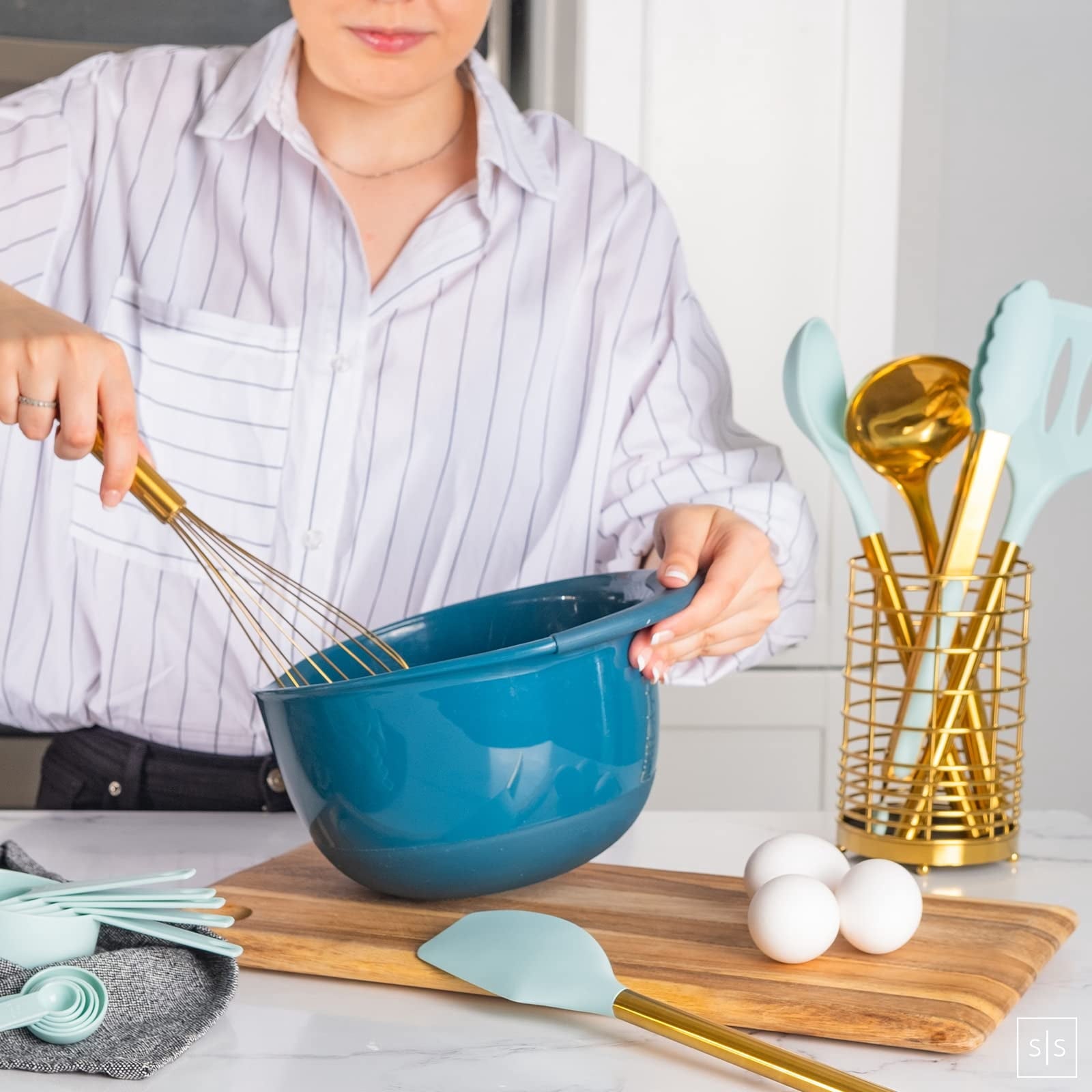 Styled Settings Teal & Gold Silicone Cooking Utensils Set with Holder - Image 3