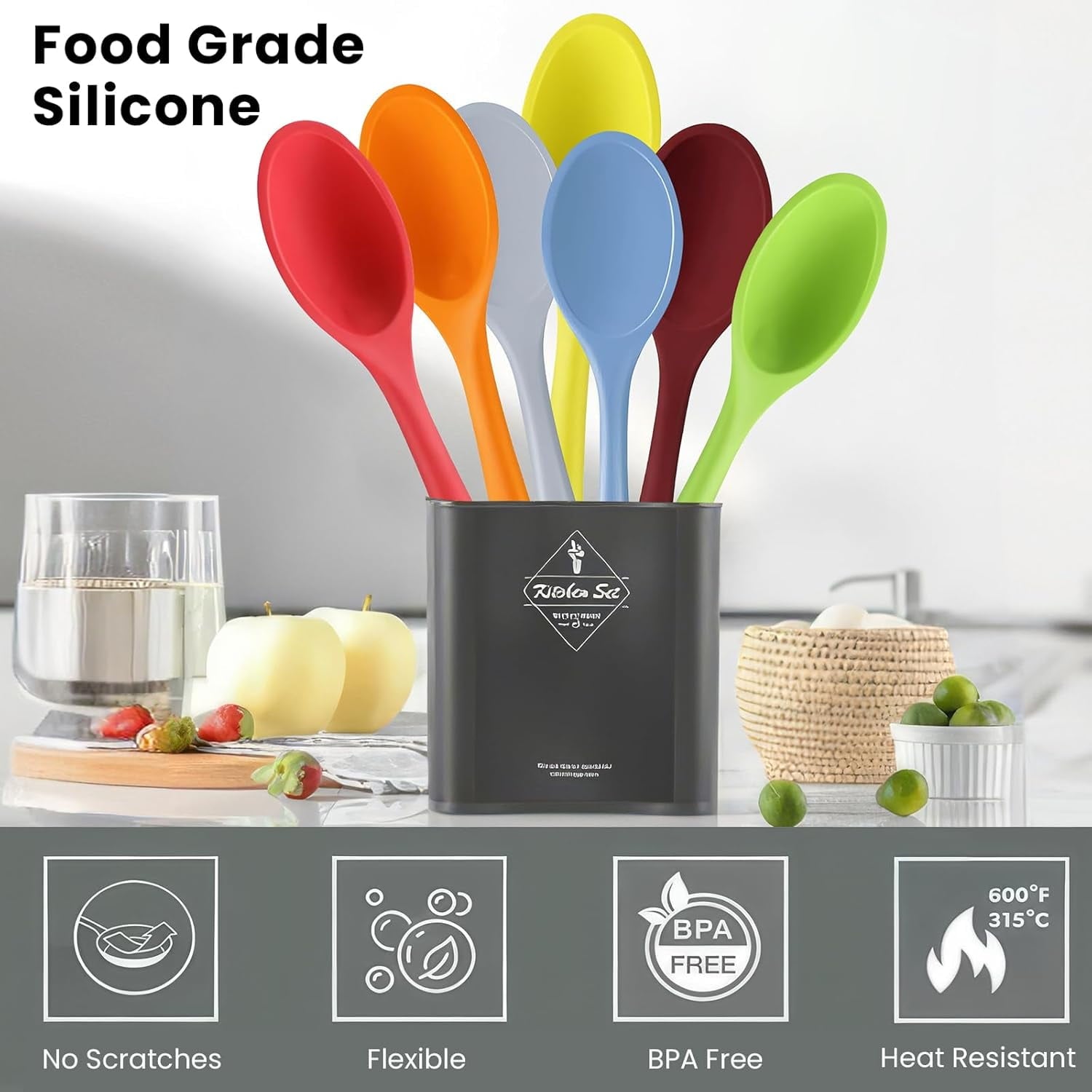 Silicone Cooking Spoons, 2 Pieces 11" Heat Resistant Silicone Kitchen Utensils Set Large Serving Stirring Spoons for Non Stick Cooking, Mixi - Image 3