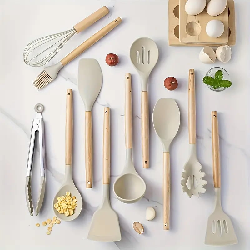 12-piece luxury silicone kitchen cooking utensils set with wooden handle, egg beater, brush pliers, heat-resistant an... - Image 2