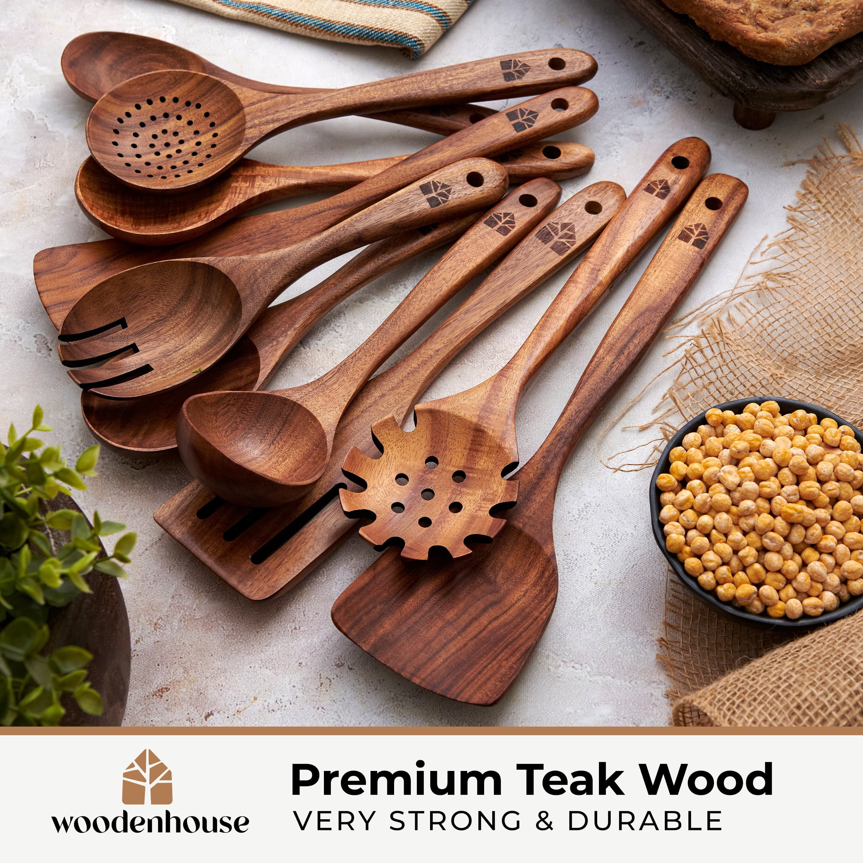 Wooden Spoons for Cooking, 10 Pcs Wooden Cooking Utensils Set Wooden Utensil Set for Nonstick Pans & Cookware - Image 2