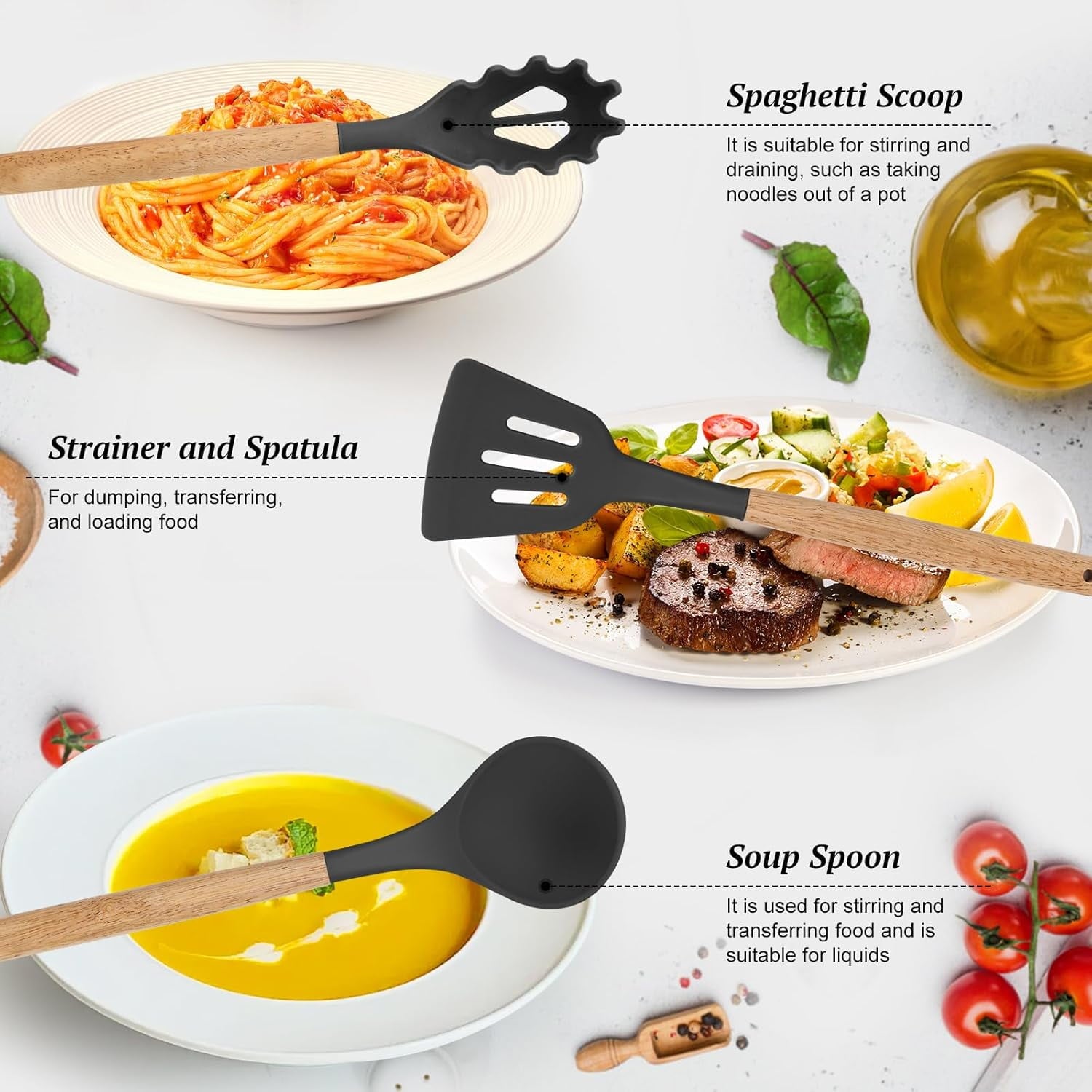 NEPIVEL Silicone Cooking Utensils Set, 12Pcs  446°F Heat Resistant Kitchen Utensils, Silicone Kitchen Utensils for Cooking Wooden Handles, K - Image 3