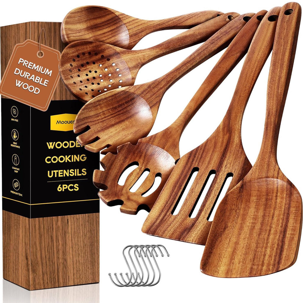 6-Piece Teak Wooden Spoons for Cooking With 10 Hooks，Handcrafted Kitchen Utensils Set ，Ideal Gift Set
