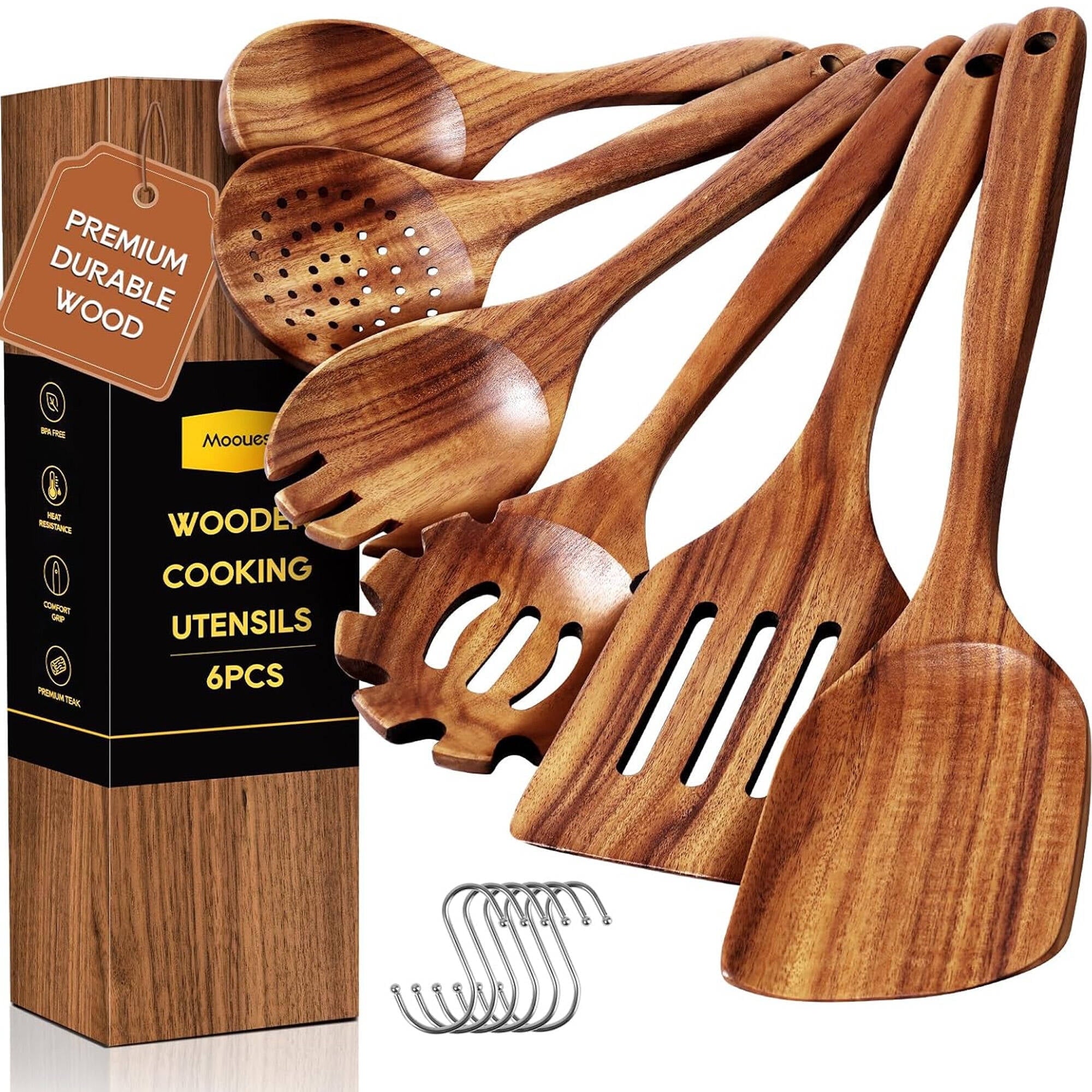 6-Piece Teak Wooden Spoons for Cooking With 10 Hooks，Handcrafted Kitchen Utensils Set ，Ideal Gift Set