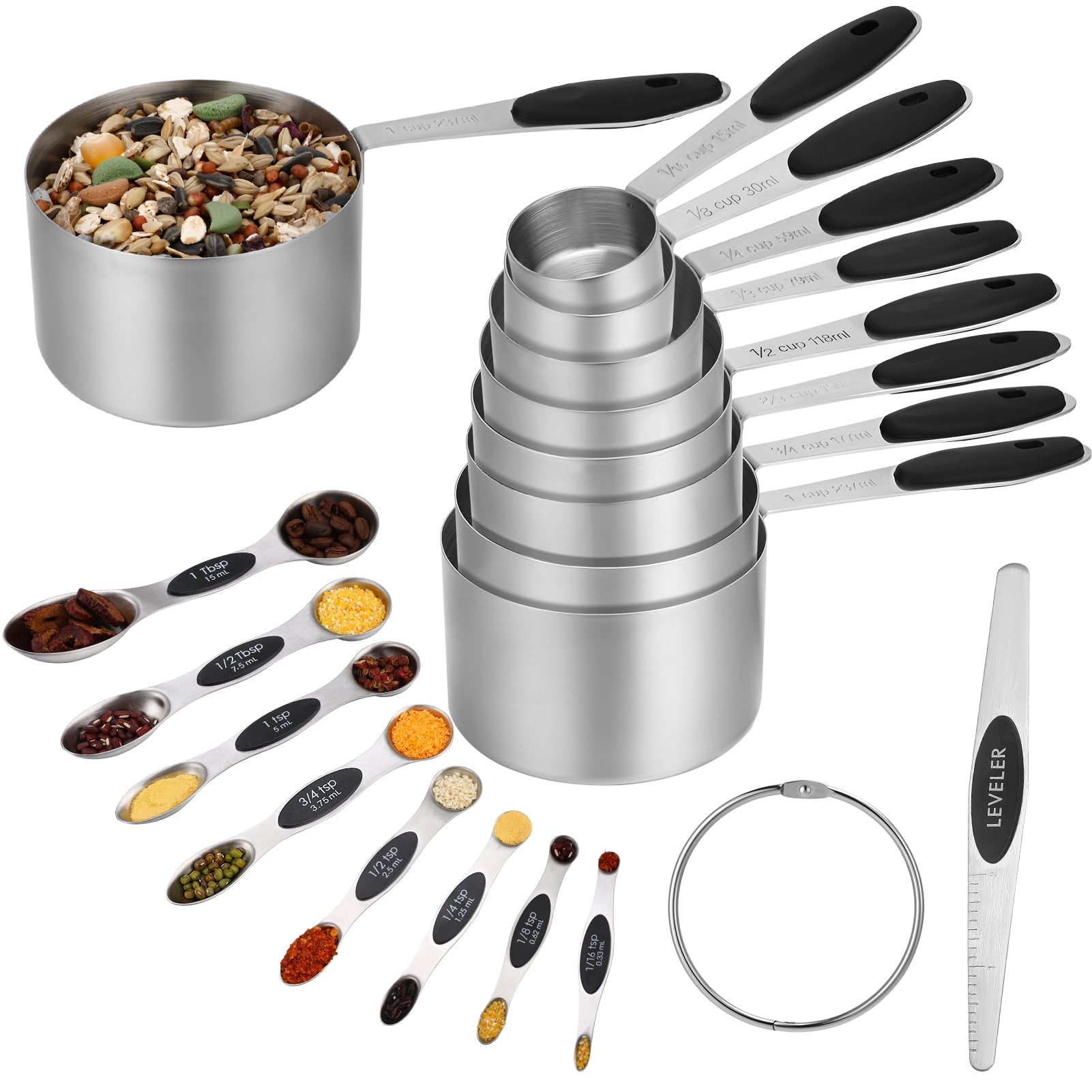 17 Measuring Cups and Magnetic Measuring Spoons Set Stainless Steel, 8 Measure Cups with Silicone Handle and 8 Double...