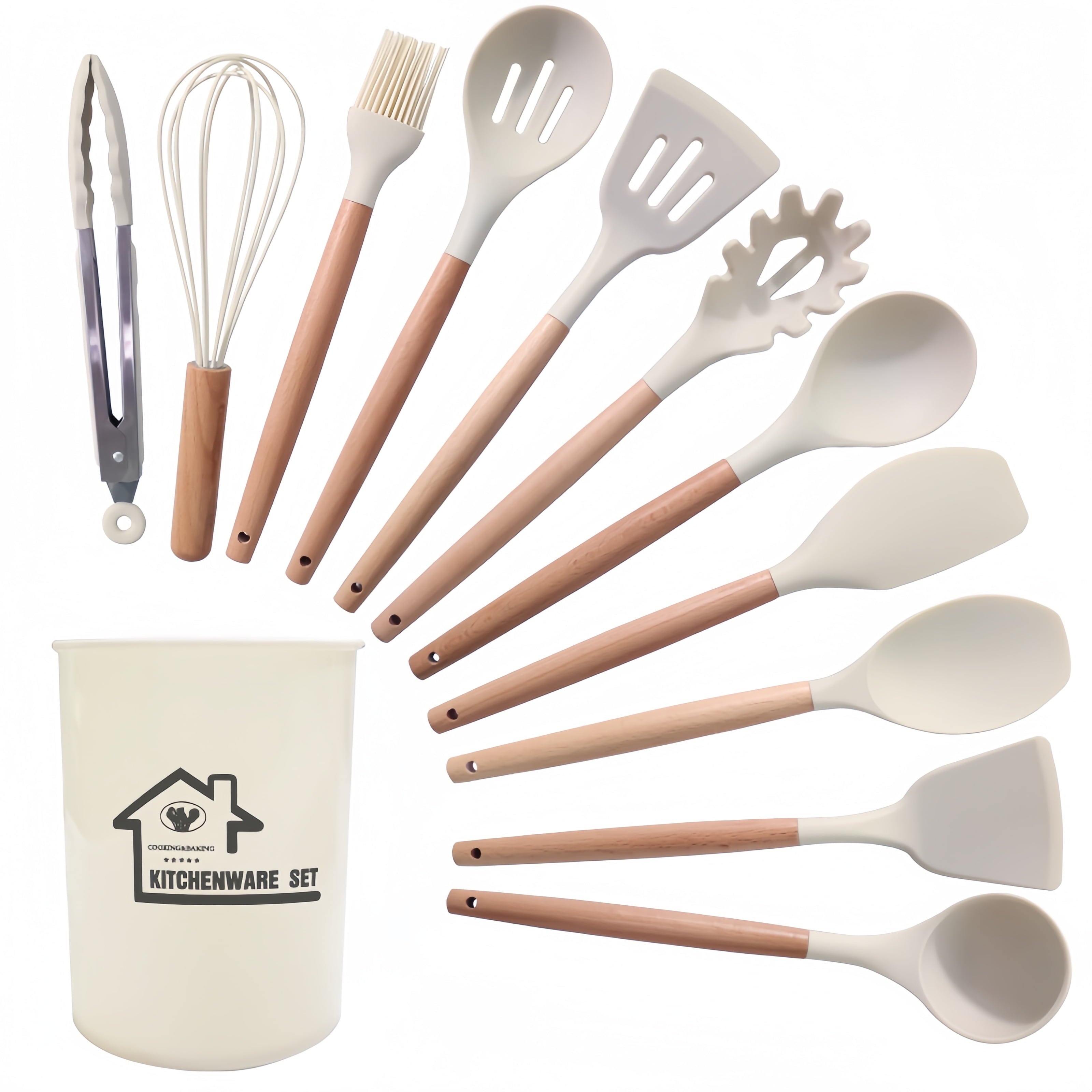 12 Of Silicone Cooking Kitchen Utensils Set, With Stand, Wooden Handle Cooking Tools, Free, Non-Toxic Turner Pliers S...