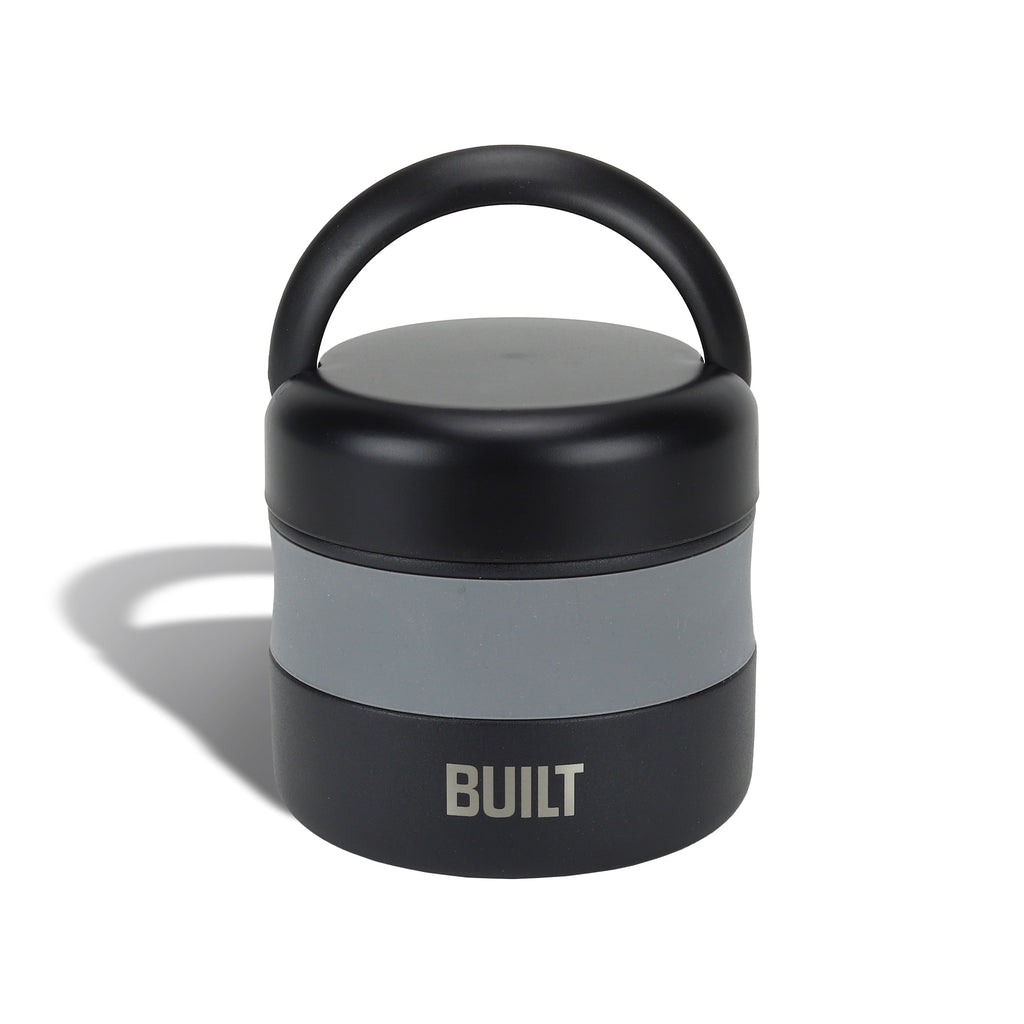 BUILT 12 oz Wide Mouth Vacuum Insulated Food Jar with Handle, Black and Gray, A Practical Choice for School Lunches and Activities to keep M