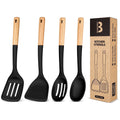 Badiano 4 Pack Wood Handle Silicone Kitchen Cooking Utensils Set for Nonstick Cookware Surface,Black