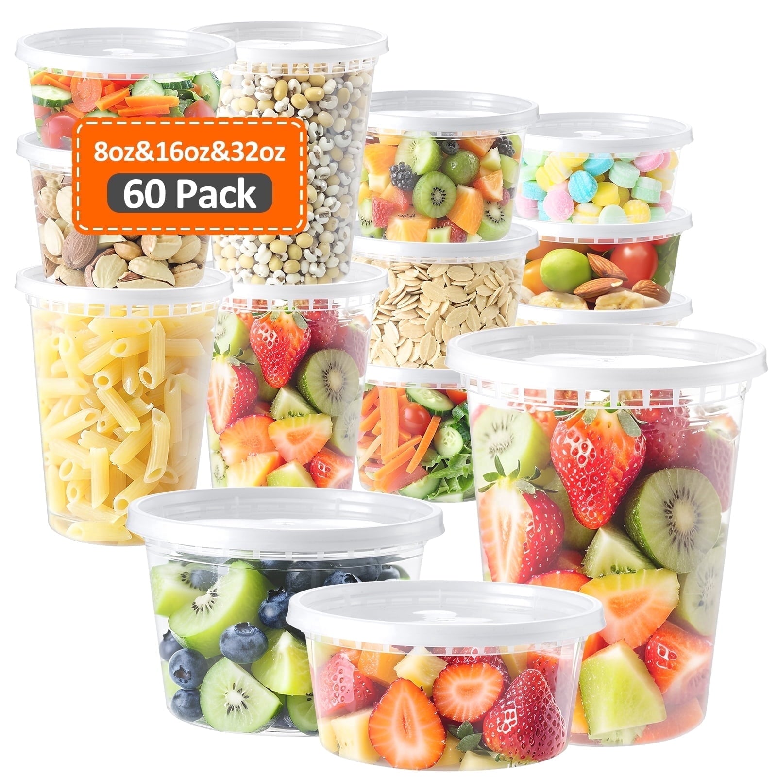 60 Plastic Deli Food Containers with Lids, 8 oz 16oz 32oz Variety pack, Airtight Food Storage Containers, Freezer/Dis...