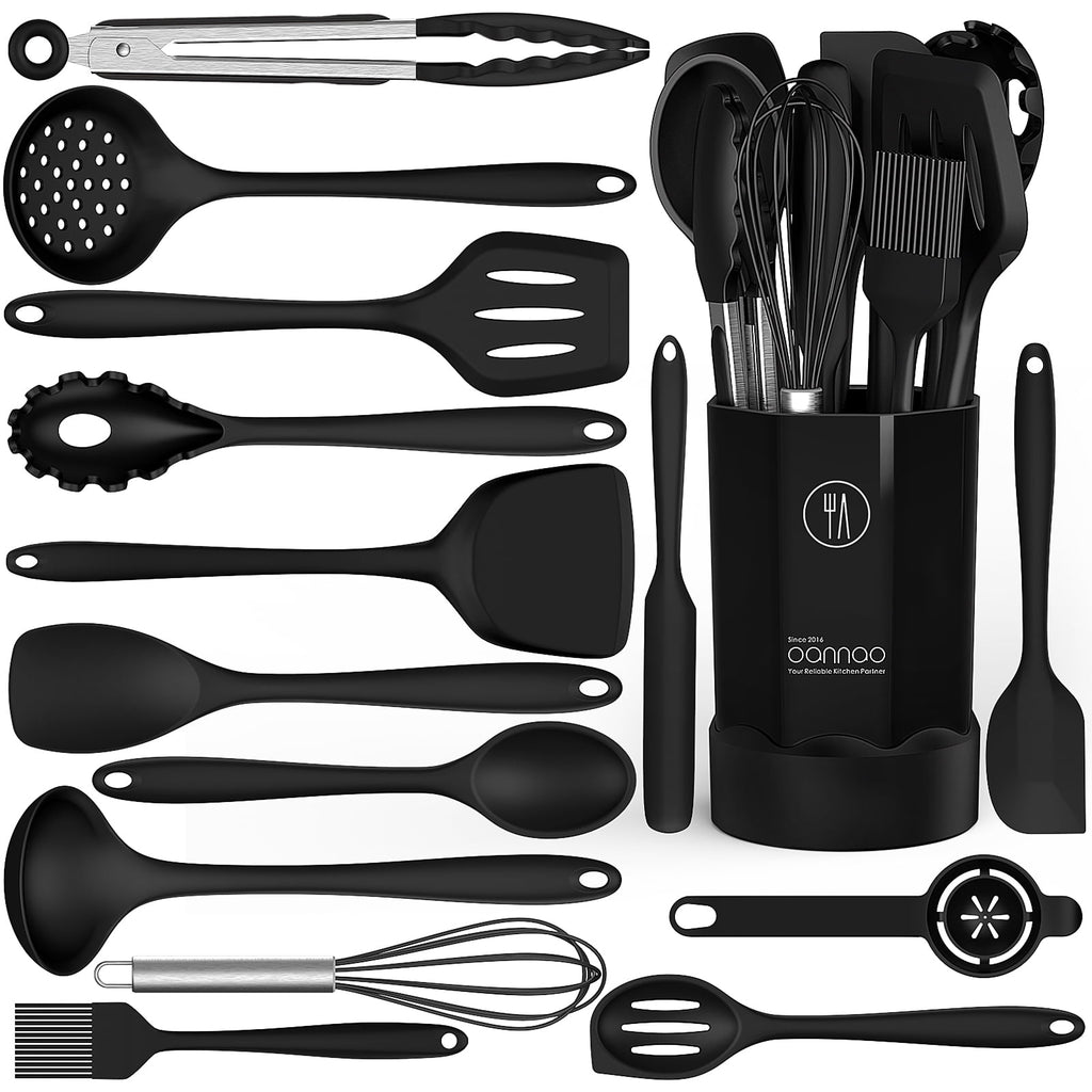Black Silicone Cooking Utensils Set - Heat Resistant Kitchen Utensils,Turner Tongs,Spatula,Spoon,Brush,Whisk,Kitchen ...