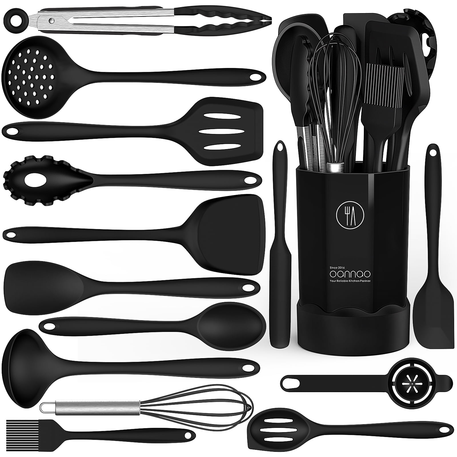 Black Silicone Cooking Utensils Set - Heat Resistant Kitchen Utensils,Turner Tongs,Spatula,Spoon,Brush,Whisk,Kitchen ...