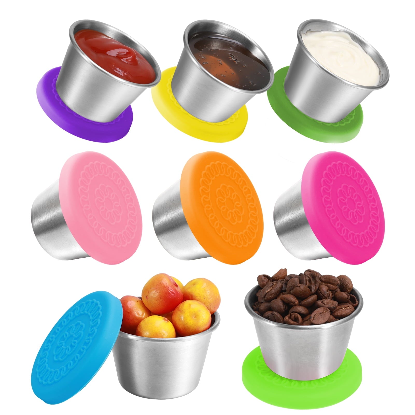 Bocaoying 8 Pack Salad Dressing Container To Go, 2.4 oz/70ml Reusable Small Condiment Containers with Lids, Leakproof Silicone Lids Stainles
