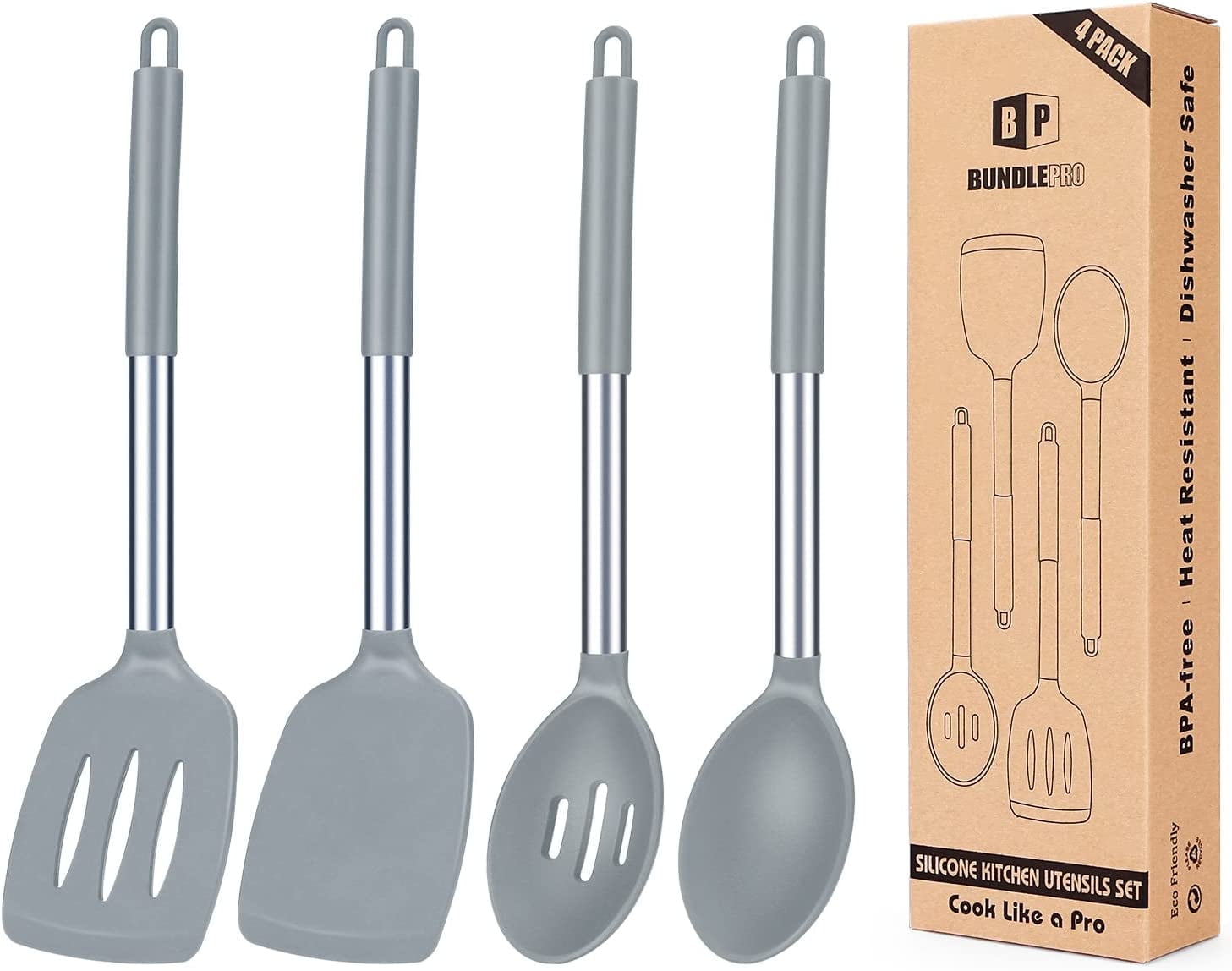 4 Pack Silicone Home Kitchen Cooking Utensils Set,Solid Slotted Spatulas Spoons Set, Gray