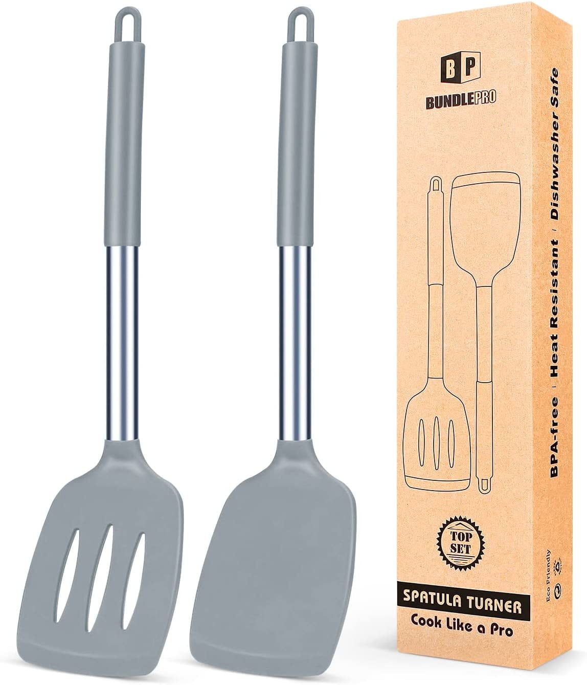 Pack of 2 Silicone Spatulas Turners, Non-Stick Slotted and Solid Kitchen Utensils, Gray