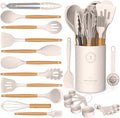 Set - Kitchen for Wooden Handles, Heat Resistant Kitchen Utensil Spatula Sets w Holder, Gadgets for Non-Stick Cookwar...