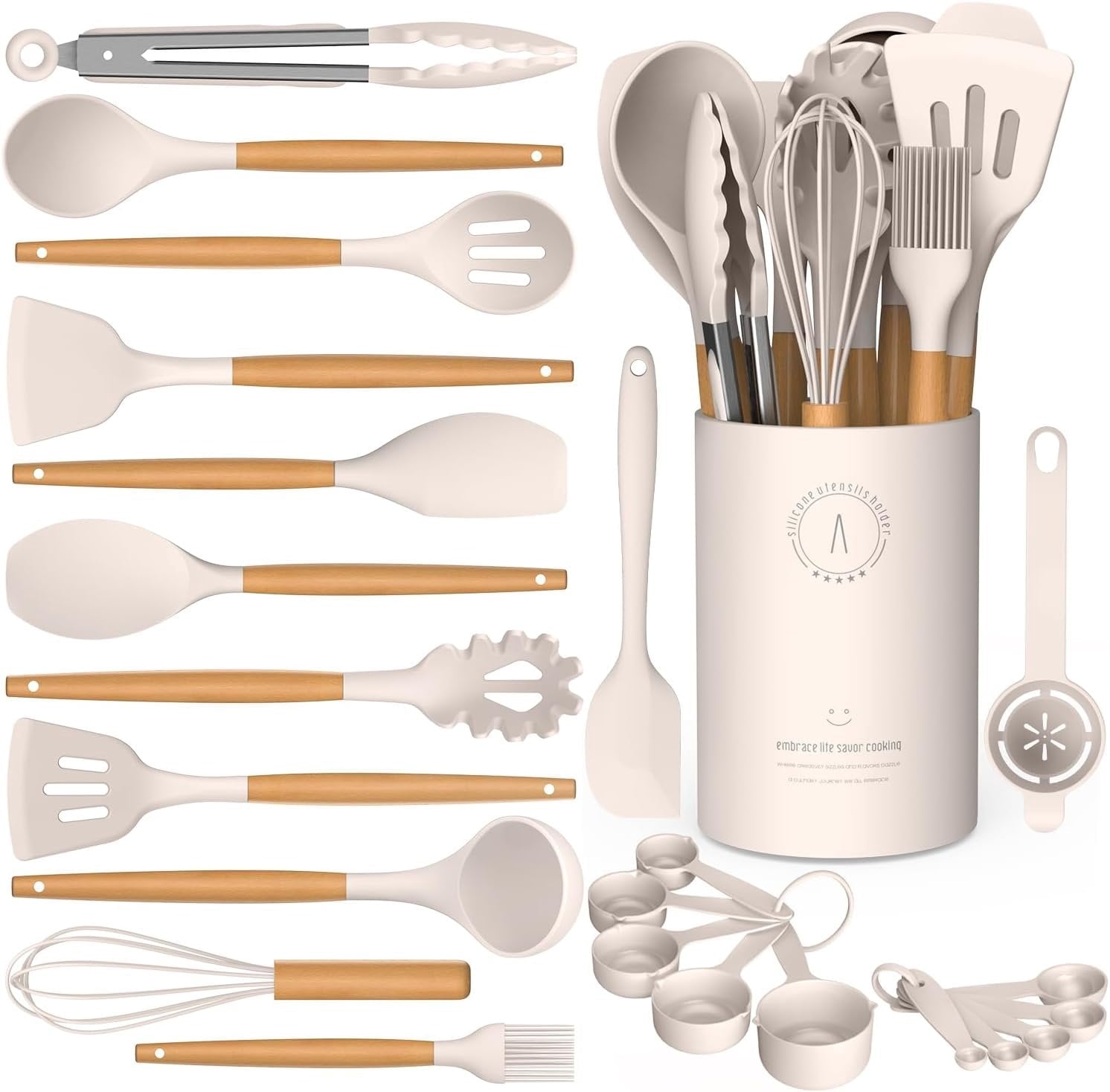 Set - Kitchen for Wooden Handles, Heat Resistant Kitchen Utensil Spatula Sets w Holder, Gadgets for Non-Stick Cookwar...