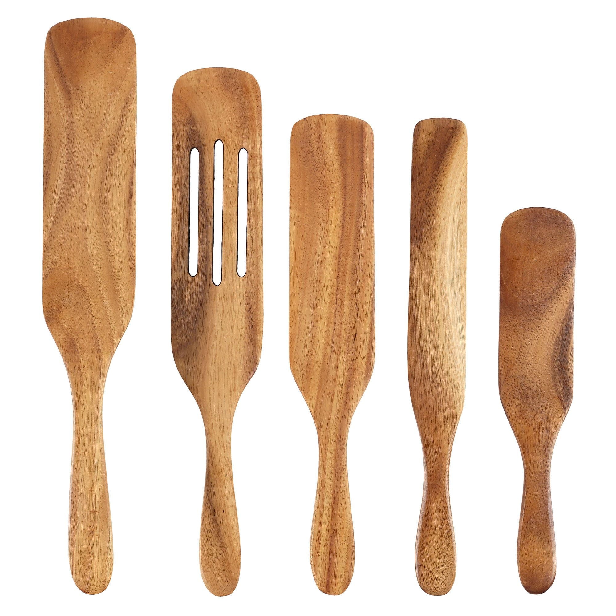Deago 5 Pcs Wooden Cooking Utensils Natural Teak Kitchen Tools Set Heat Resistant Non Stick Wood Cookware Slotted Spurtle Spatula for Stirri