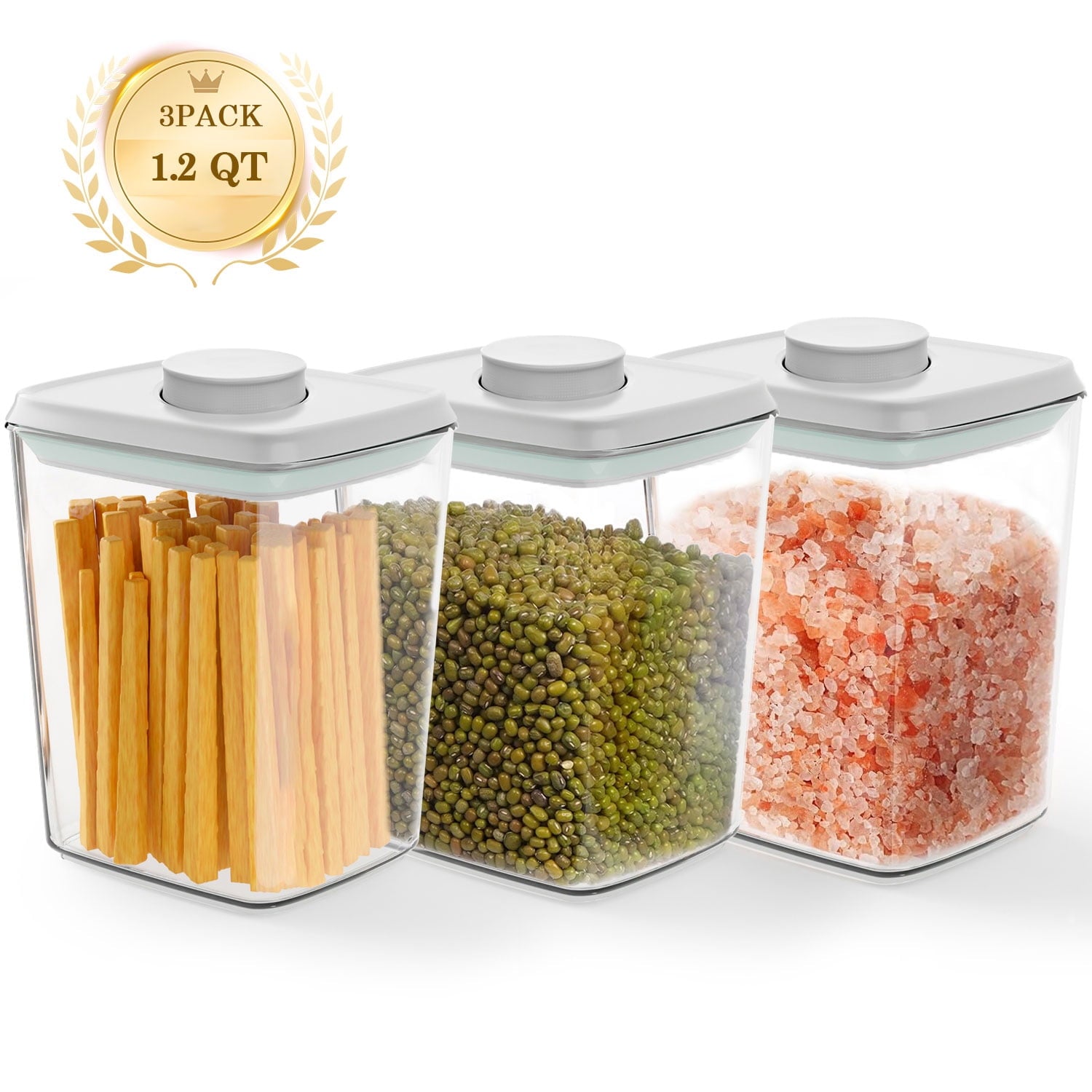 FOUKUS Airtight Pop Up Container: 3 pack 1.2 QT Food Storage Container with Lid, Stackable Kitchen Storage Container for Cereal, Snack, Suga