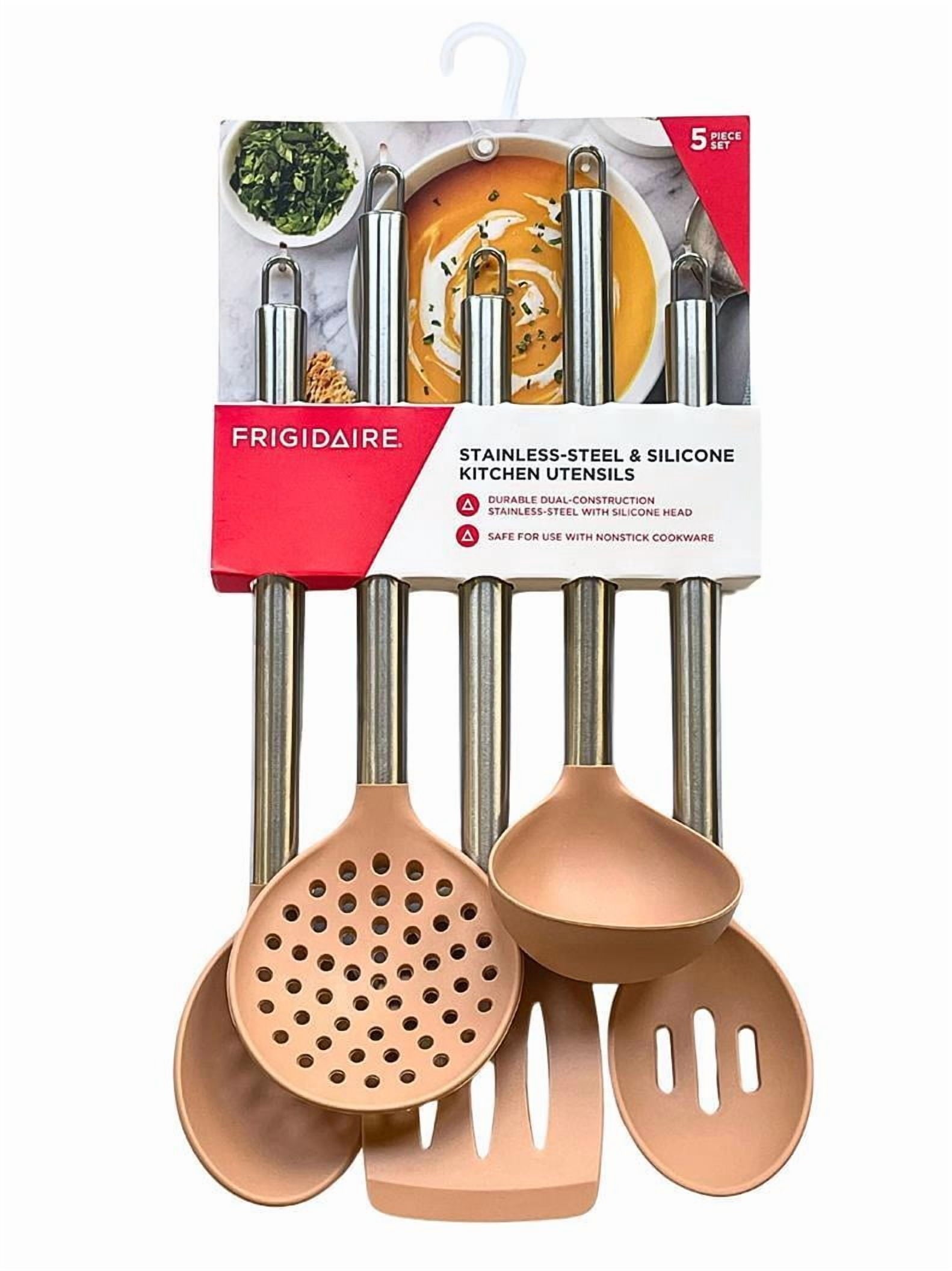 Frigidaire Silicone Cooking Utensils, 5PC Set, Easy to Clean Silicone with Stainless Steel Handles