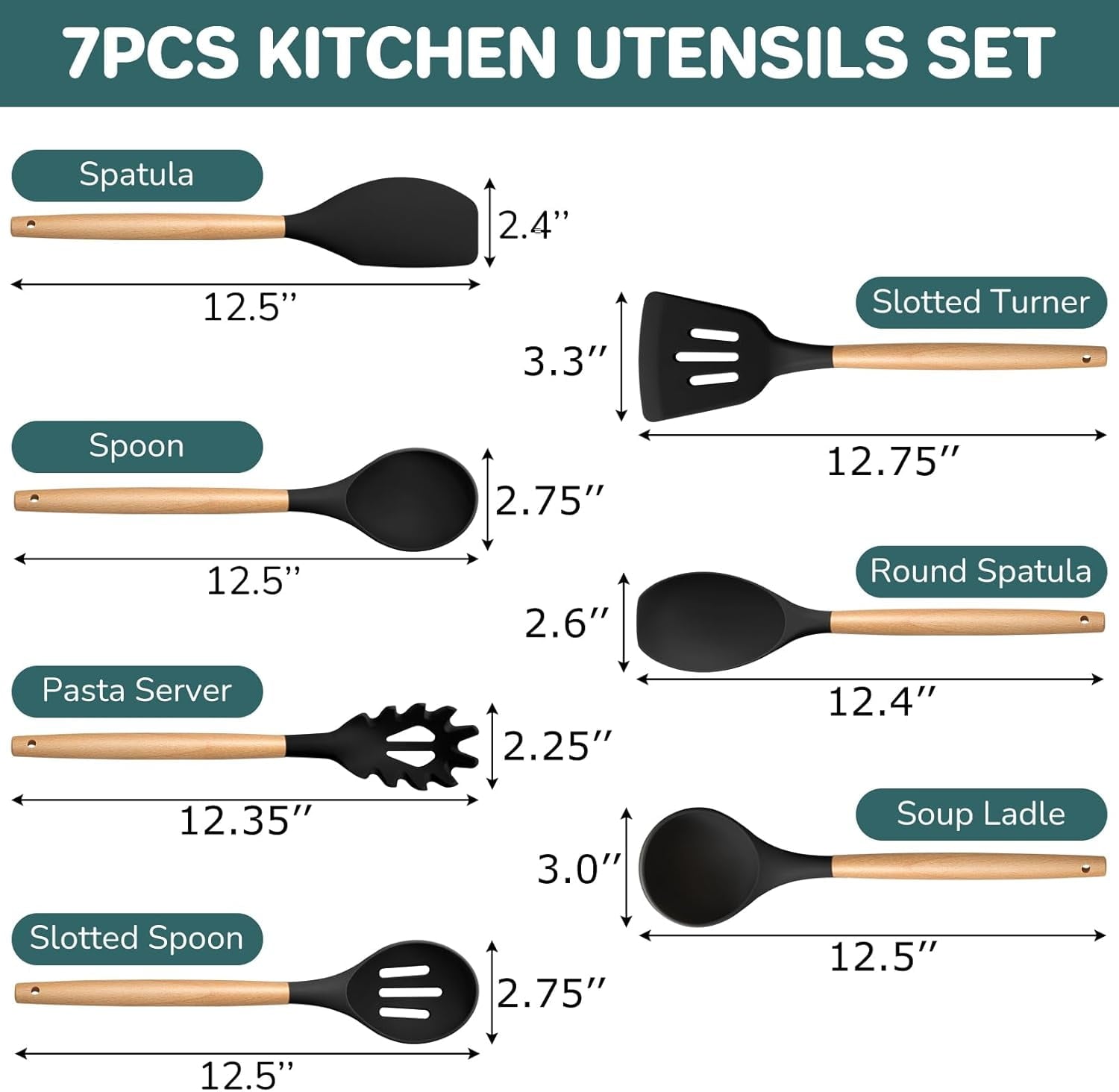Set of 7, Silicone Kitchen Set with Wooden Handles, Heatproof Kitchen Tools for Cooking Turning Serving, Non-stick Co...