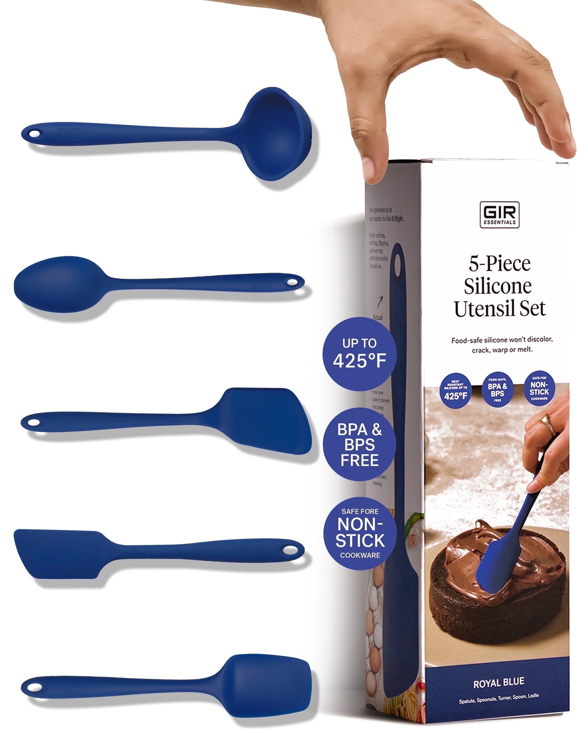 GIR Get It Right 5 Piece Essentials Silicone Cooking Utensils Set Nonstick Heat Resistant Kitchen Utensils for Cooking and Baking, Royal Blu