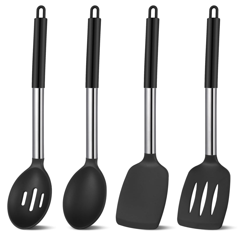 Silicone Cooking Spatulas and Spoons, 4 Pack Heat Resistant Silicone Cooking Utensils Set, Non-stick Large Kitchen Si...