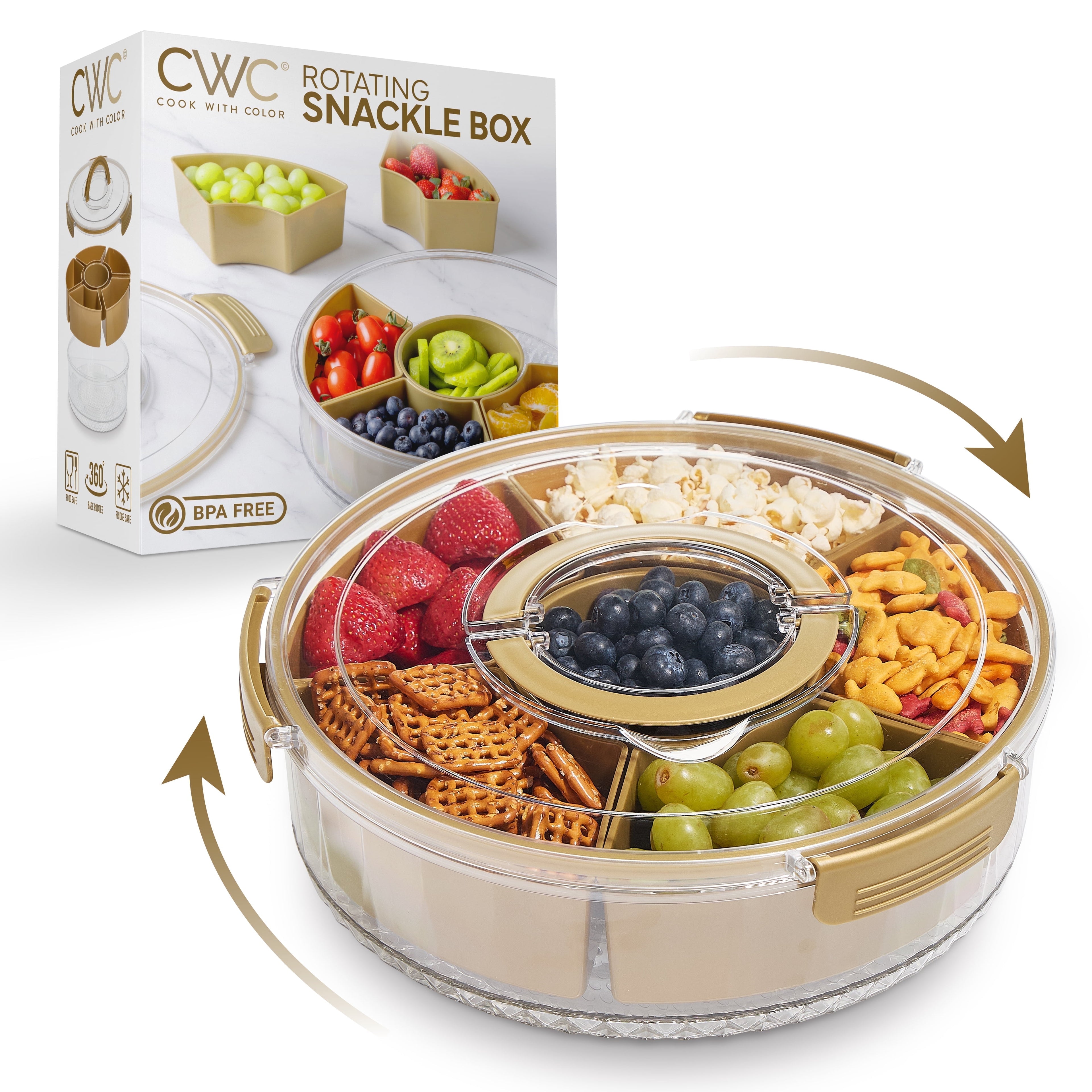 COOK WITH COLOR Round Snackle Box – 6-Compartment Serving Tray with Lid and Handle, Gold – Kids Lunch Box & Meal Prep Snack Container