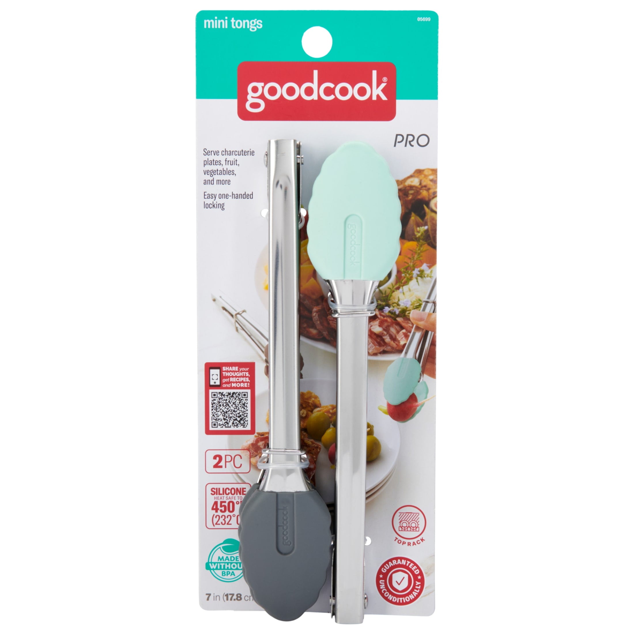 GoodCook Pro 2 Pack Mini Tongs Stainless Steel with Silicone Tip, Grey/Blue, For All Food Types
