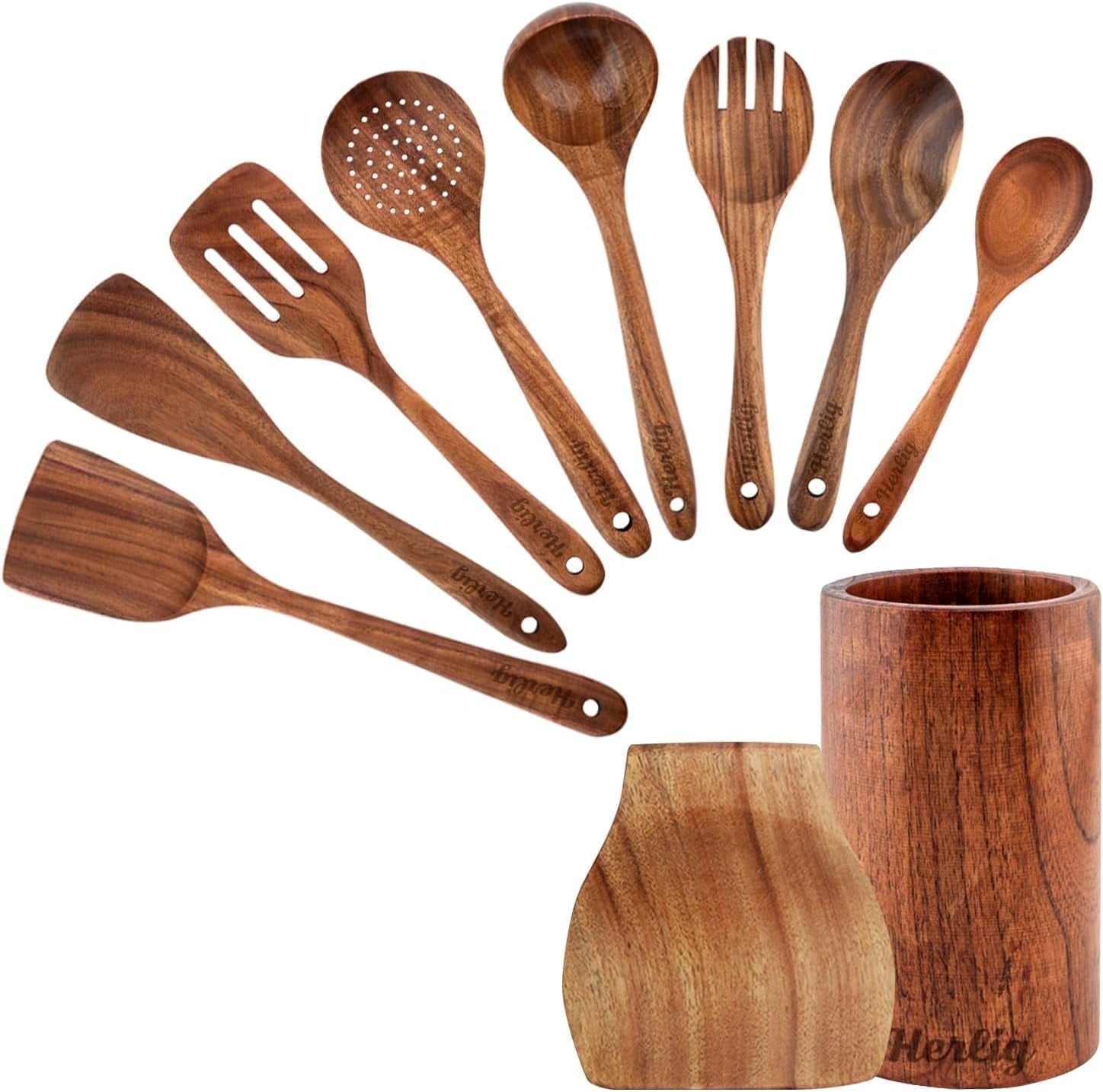 Herlig 10 Piece Teak Wood Cooking Utensil Set  Kitchen Cookware Tools with Spatula, Spoon, Fork