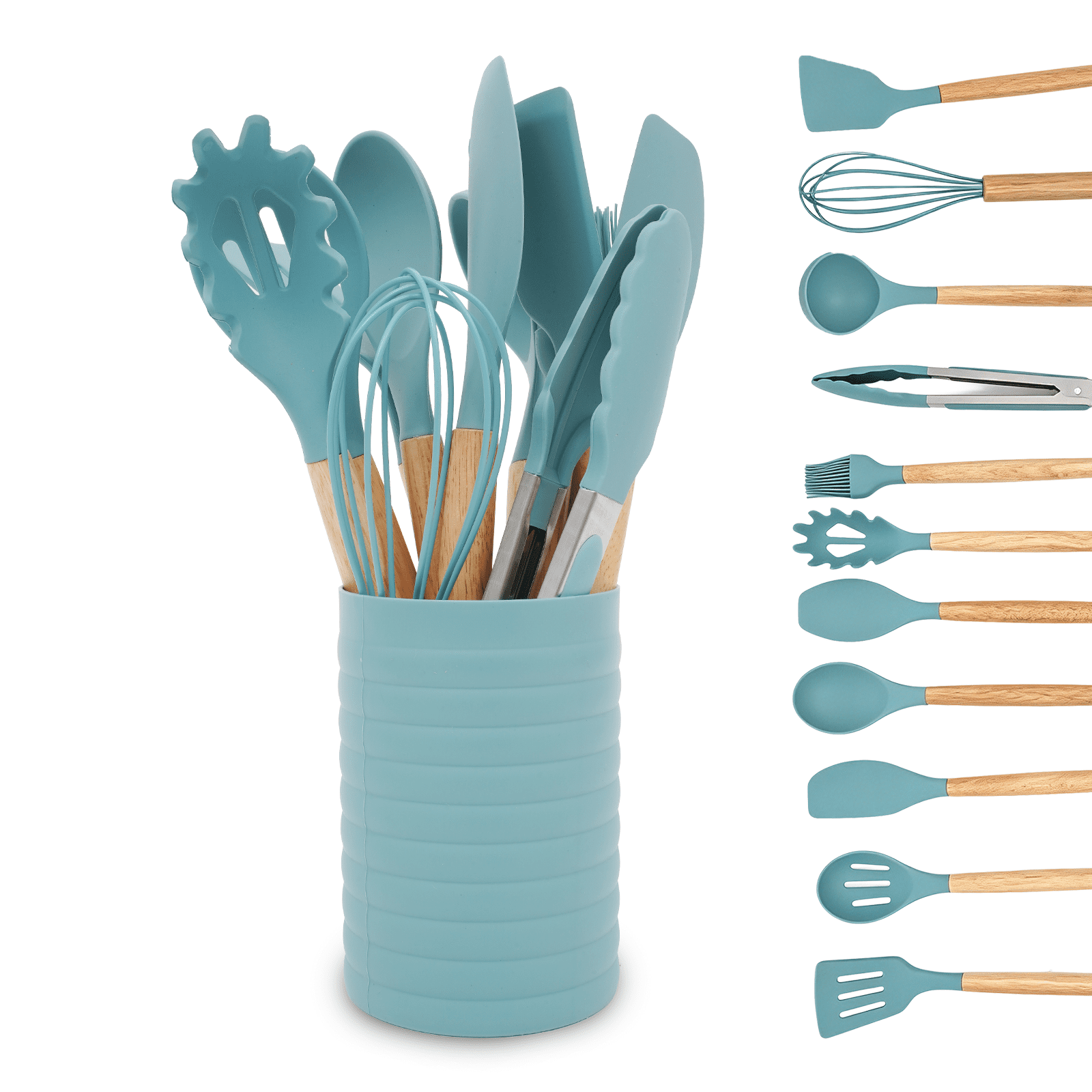 Small Silicone Cooking Utensils with Holder Set (12Pack), Aqua Kitchen Tools with Wooden Handle for Nonstick Cookware
