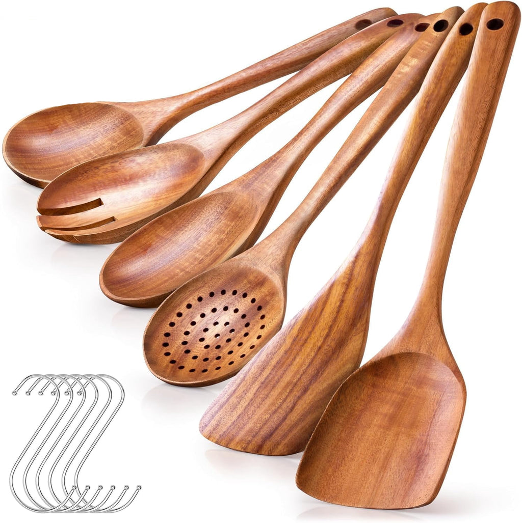 Kisportee Wooden Spoons for Cooking, Non-Stick Teak Wooden Cooking Utensils Set with Hooks, Wooden Kitchen Utensils for Everyday Baking,Cook