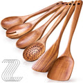 Kisportee Wooden Spoons for Cooking, Non-Stick Teak Wooden Cooking Utensils Set with Hooks, Wooden Kitchen Utensils for Everyday Baking,Cook