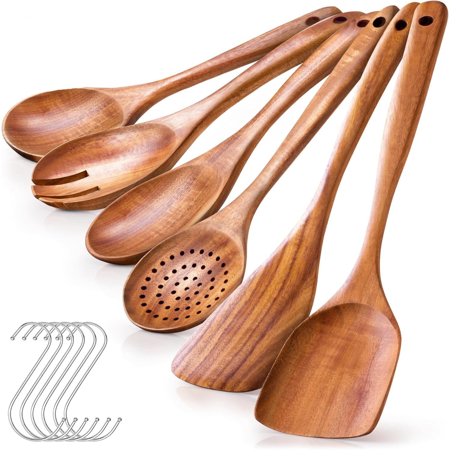 Kisportee Wooden Spoons for Cooking, Non-Stick Teak Wooden Cooking Utensils Set with Hooks, Wooden Kitchen Utensils for Everyday Baking,Cook