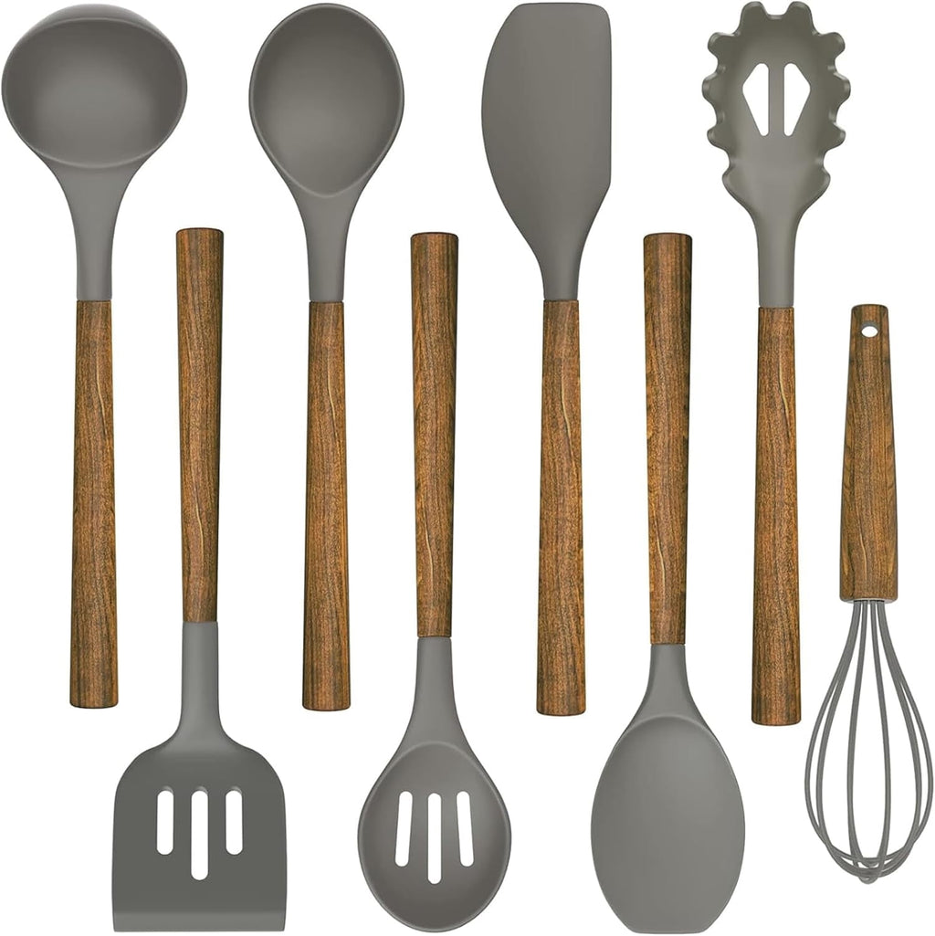 Kitchen Cooking Utensils Set, 12 pcs Non-Stick Silicone Cooking Kitchen Utensils Spatula Set with Holder, Wooden Hand...