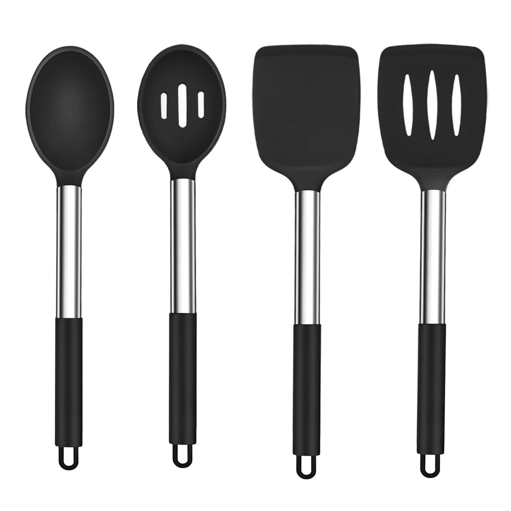 Kitchen Utensils,4 PCS Silicone Cooking Utensils Spatula Spoon Set with Stainless Steel Handle,for Frying Mixing Draining Turning,Healthy &