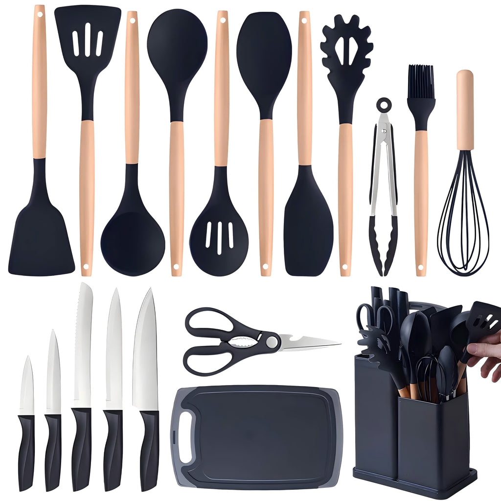Kitchen Utensils Set- 19 Pcs Silicone Cooking Utensils Set for Nonstick Cookware-Silicone Spatulas Set, Kitchen Gadgets Tools, Pots and Pans