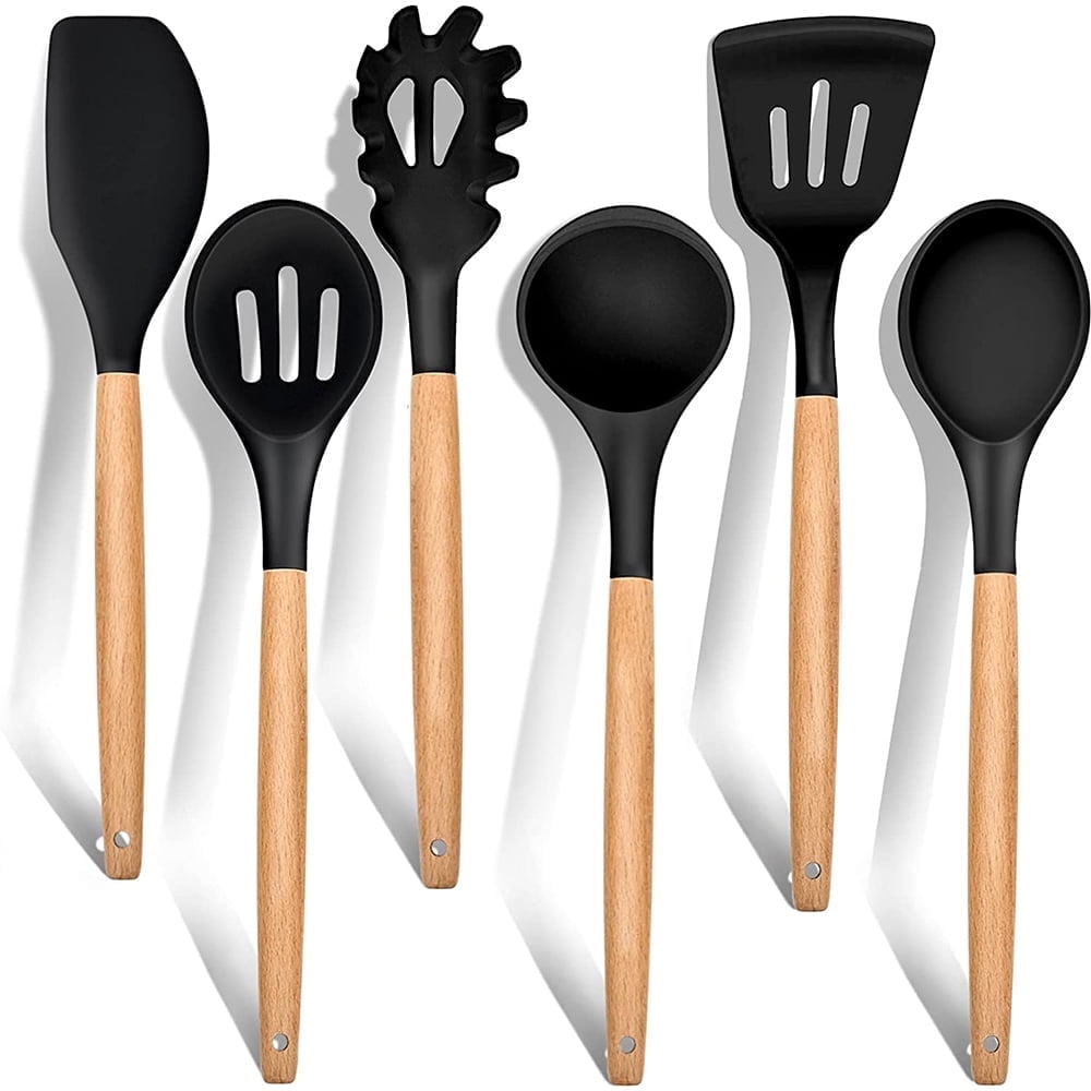 Kitchen Utensils Set of 6, Silicone Cooking Utensils with Wooden Handle, Non-Stick Cookware & Heat Resistant, Include...
